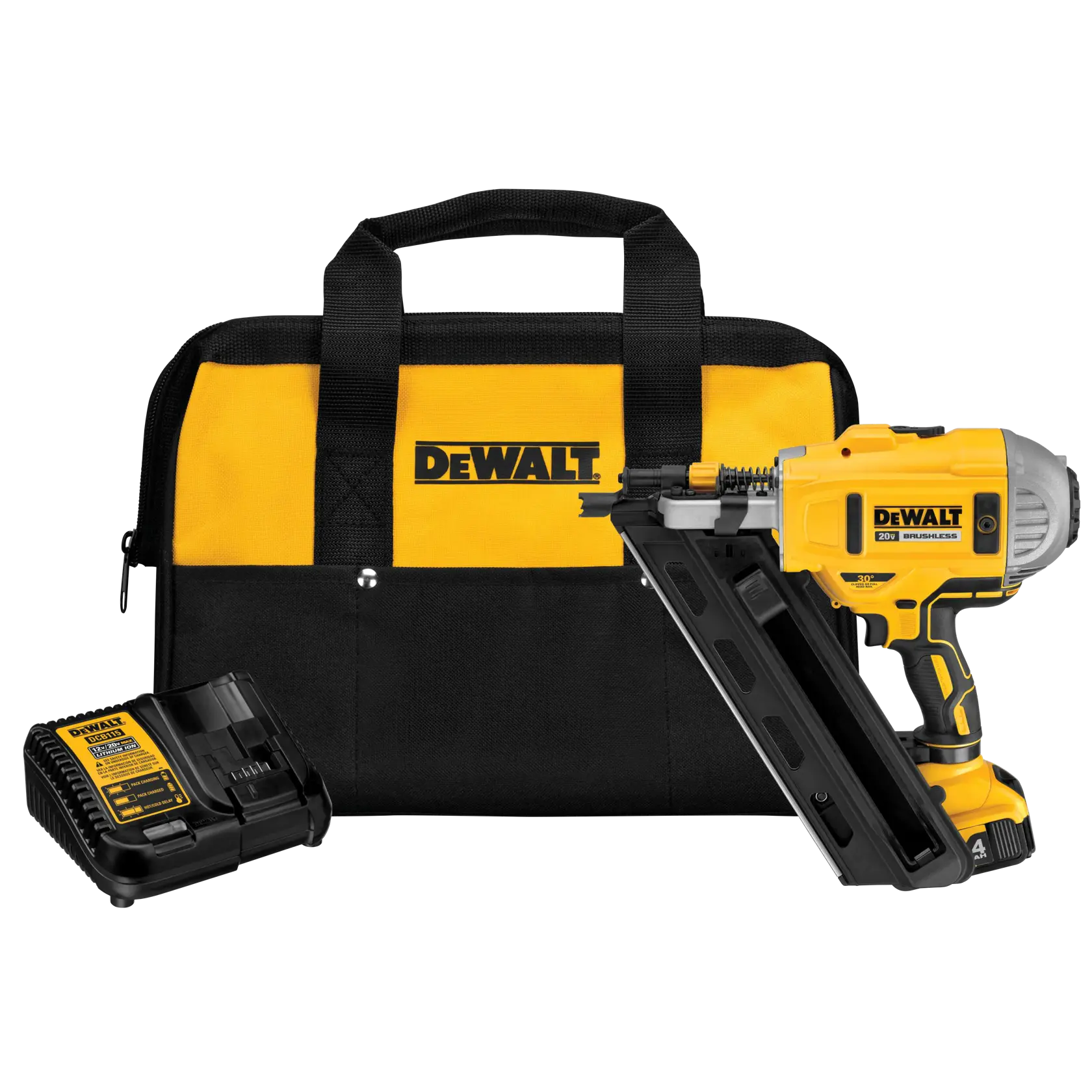 A DEWALT cordless nail gun kit, including a yellow and black nail gun, a battery charger, and a carrying bag with the DEWALT logo.