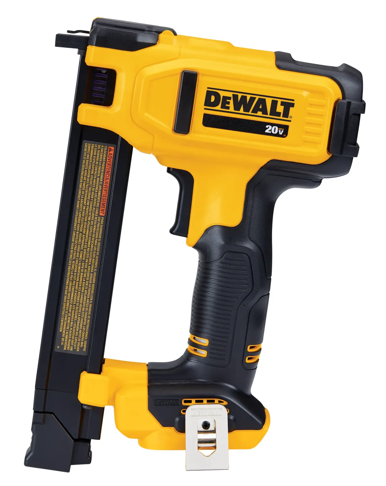 A close-up image of a DEWALT 20V cordless cable staple gun, featuring a yellow and black design with a metal belt clip attached at the bottom.
