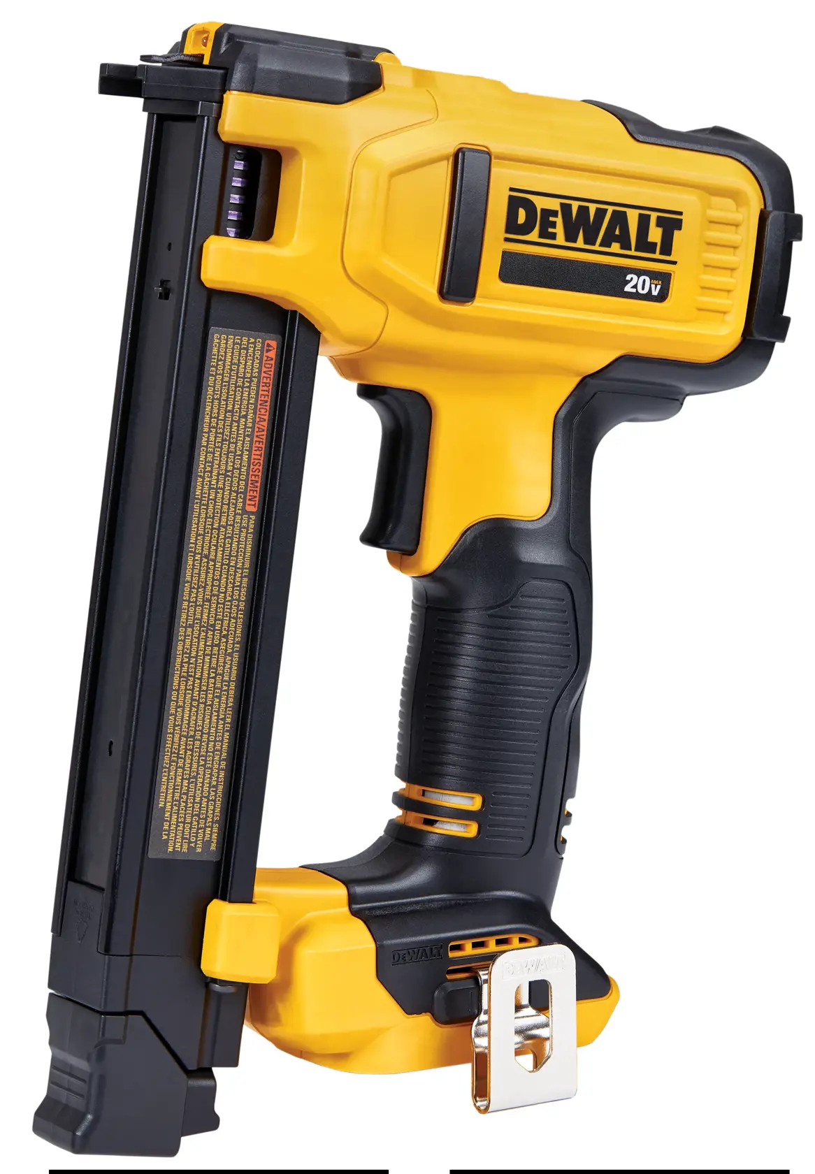 A Dewalt 20V cordless cable stapler with a yellow and black design, shown standing upright against a white background.