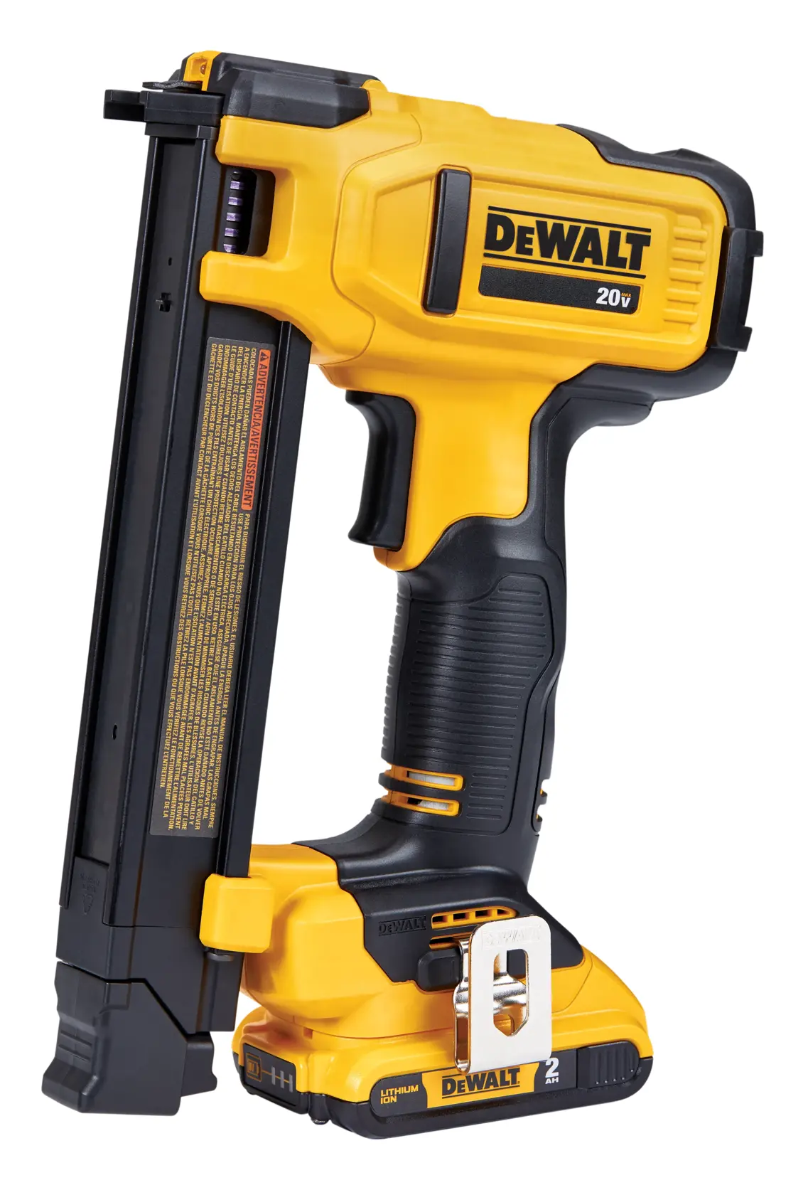 A DEWALT 20V cordless cable stapler with a yellow and black design, shown standing upright on a white background.