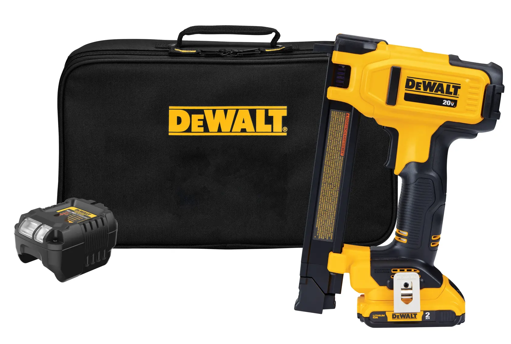 A DEWALT 20V yellow and black cordless cable stapler kit, including the stapler tool, a rechargeable battery, and a black carrying case with the DEWALT logo.