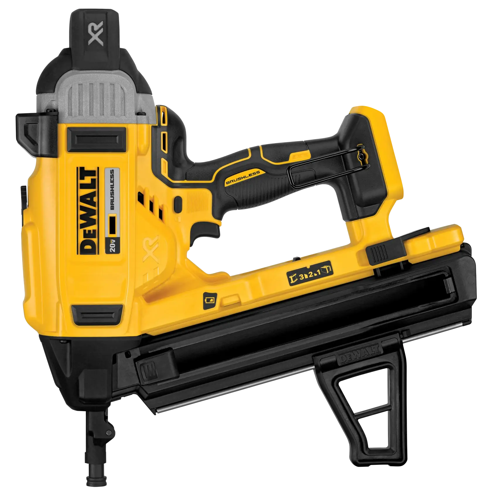A DEWALT 20V XR brushless concrete nailer in yellow and black, featuring a bulky design and ergonomic handle.