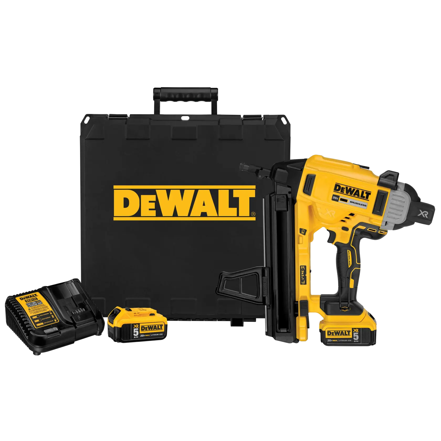 A DEWALT 20V XR brushless battery-powered nail gun with magazine attachment, yellow and black design, model DCN890P2.