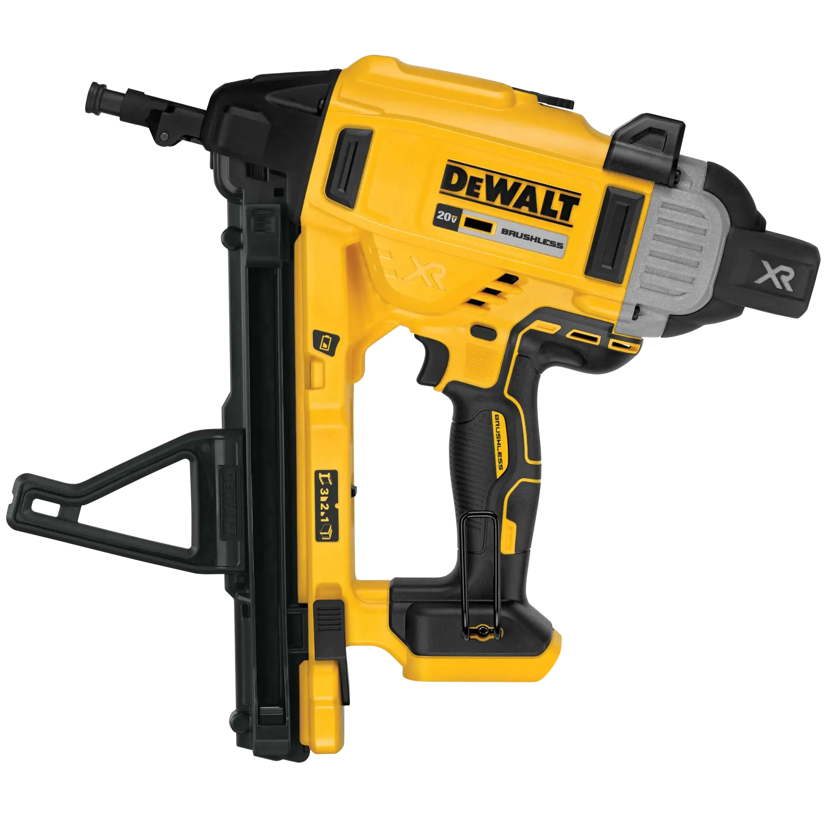 A DEWALT 20V XR brushless cordless tool, specifically a yellow and black nailer with a magazine for nails. The device is used for fastening materials in construction or carpentry.
