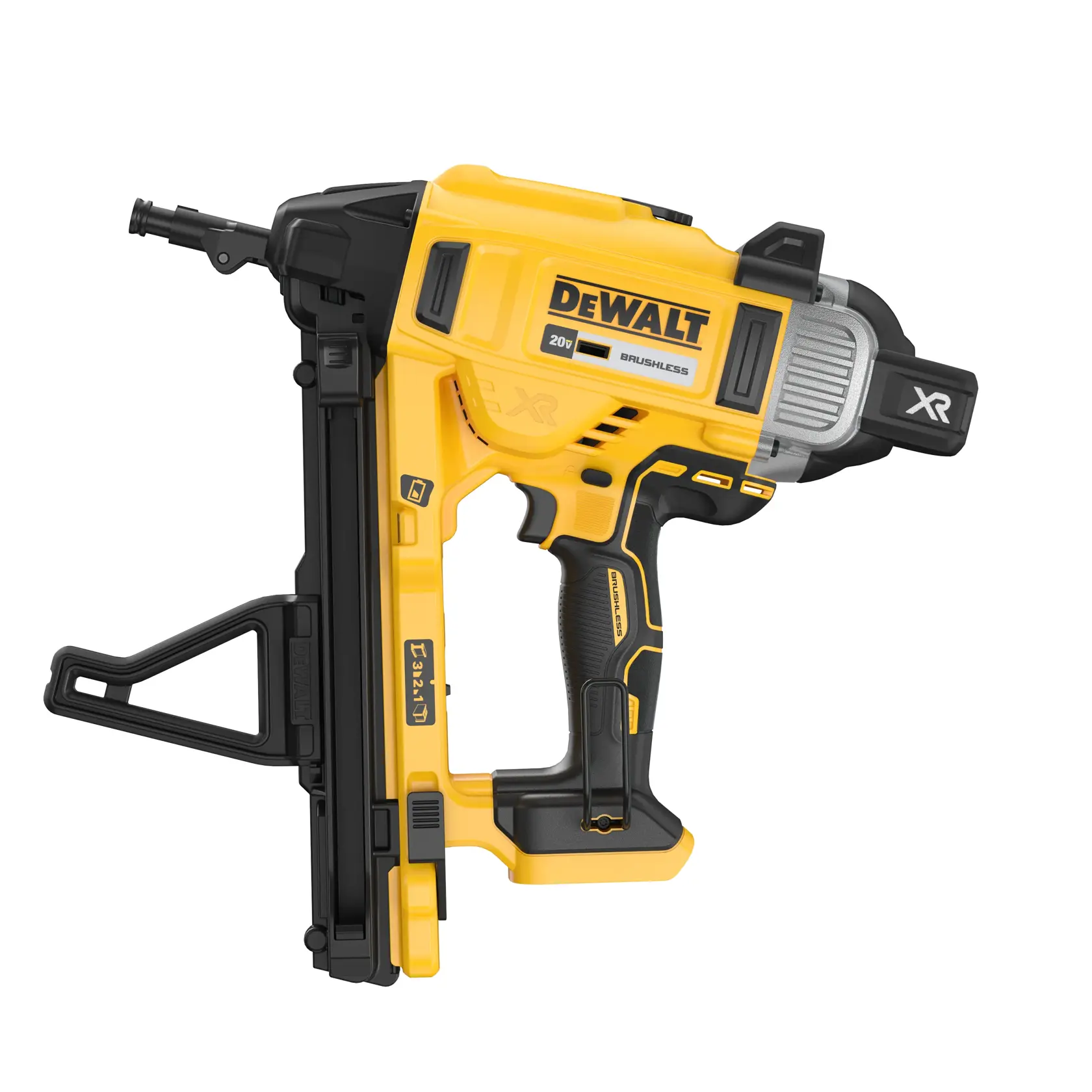 A DEWALT 20V brushless cordless nailer with yellow and black design, showing the XR label and ergonomic handle.