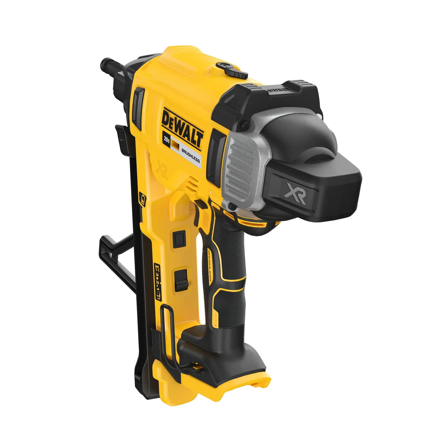 A DEWALT DCN891B 20V brushless cordless tool, shown against a white background. The tool is primarily yellow and black with a detailed grip and labeled features, including the XR logo and various buttons and safety elements.