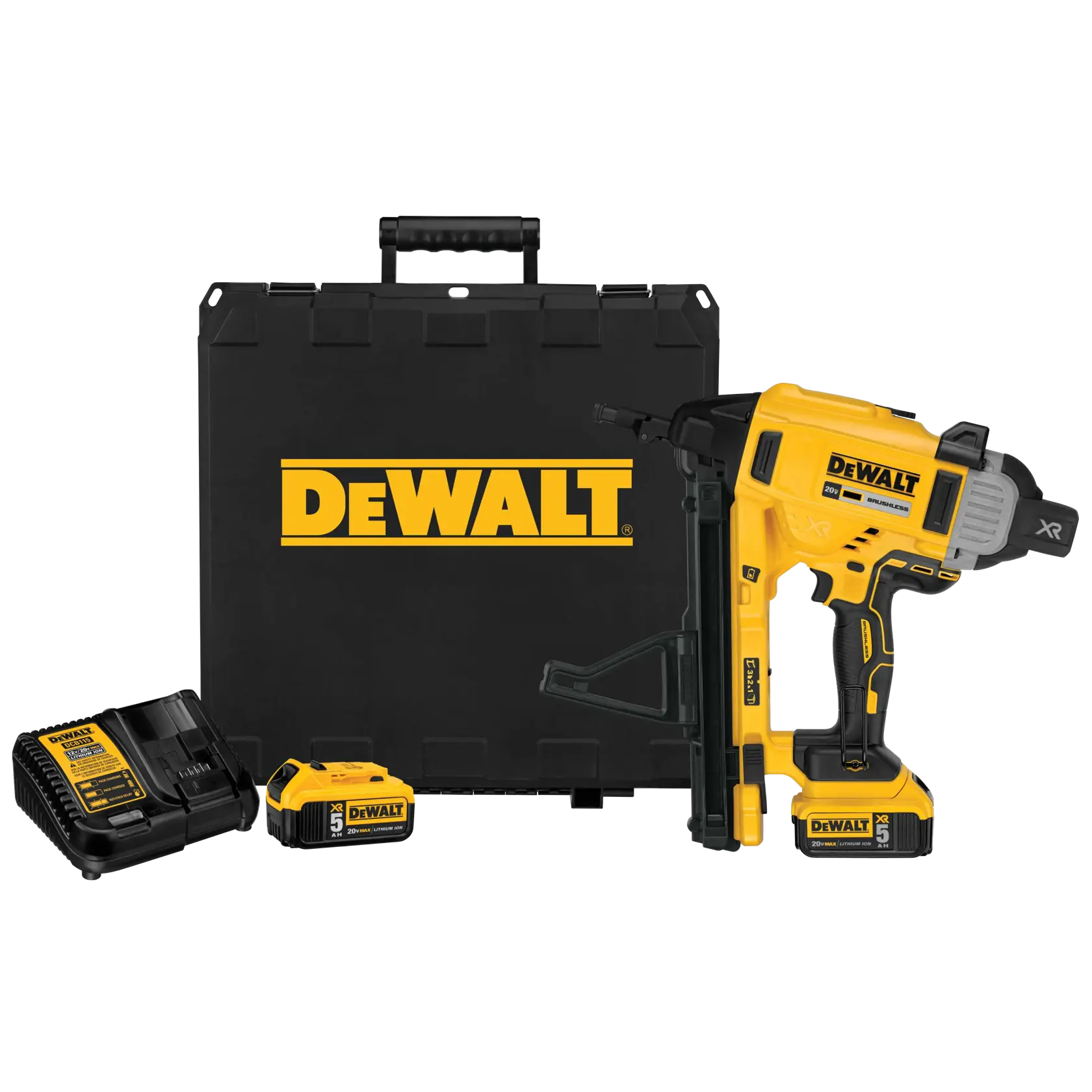 DEWALT cordless drywall screw gun kit, including a yellow and black screw gun, two batteries, charger, and carrying case with the DEWALT logo.
