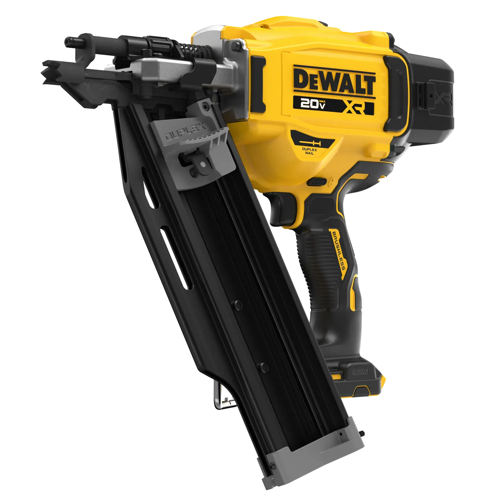 A DEWALT 20V XR cordless nail gun, model DCN910B, shown in close-up. The tool has a yellow and black design with a large nail magazine and a handle featuring ergonomic grips.