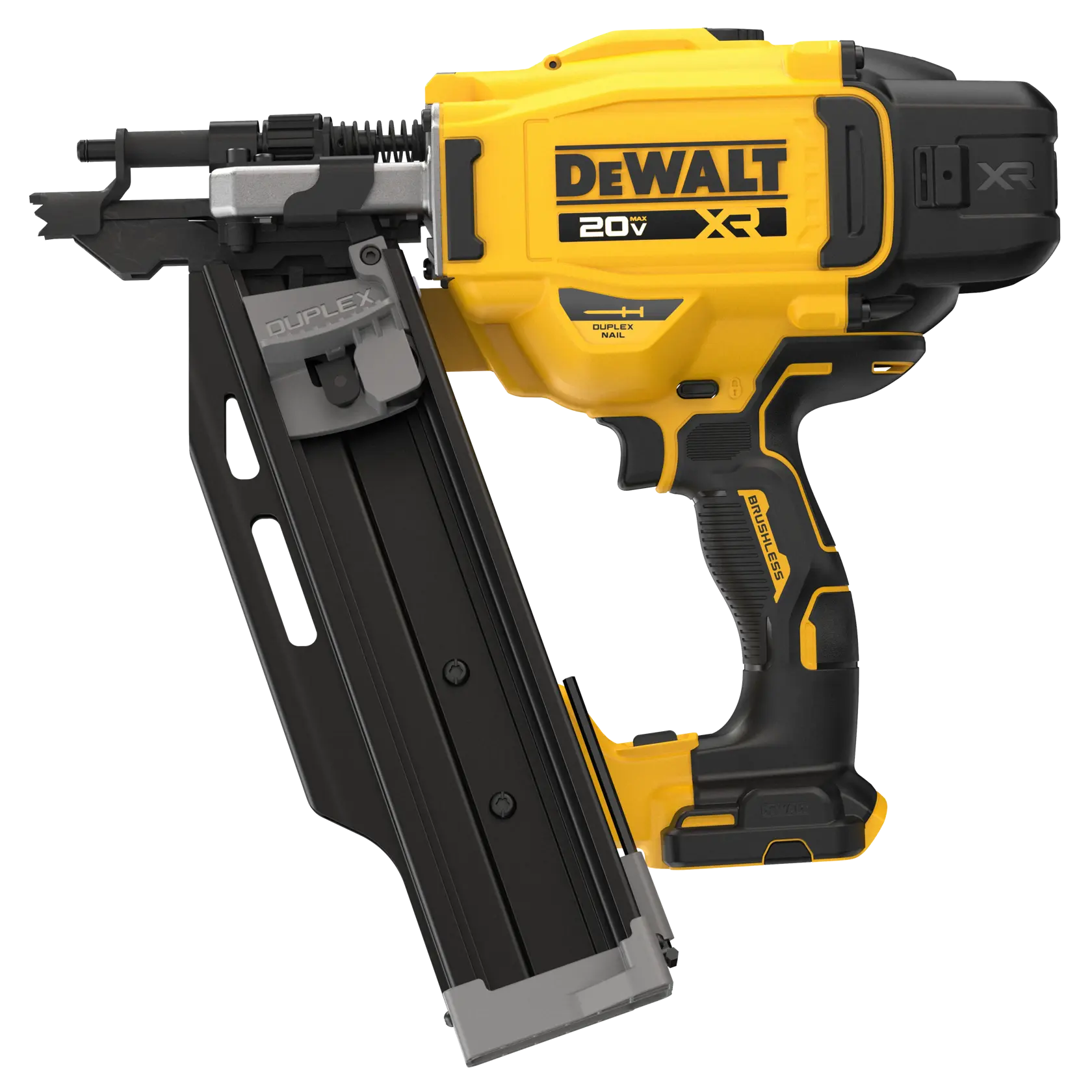 A DEWALT 20V XR cordless nail gun with a yellow and black design. The tool has a large magazine and features for duplex nails, suitable for construction and framing tasks.