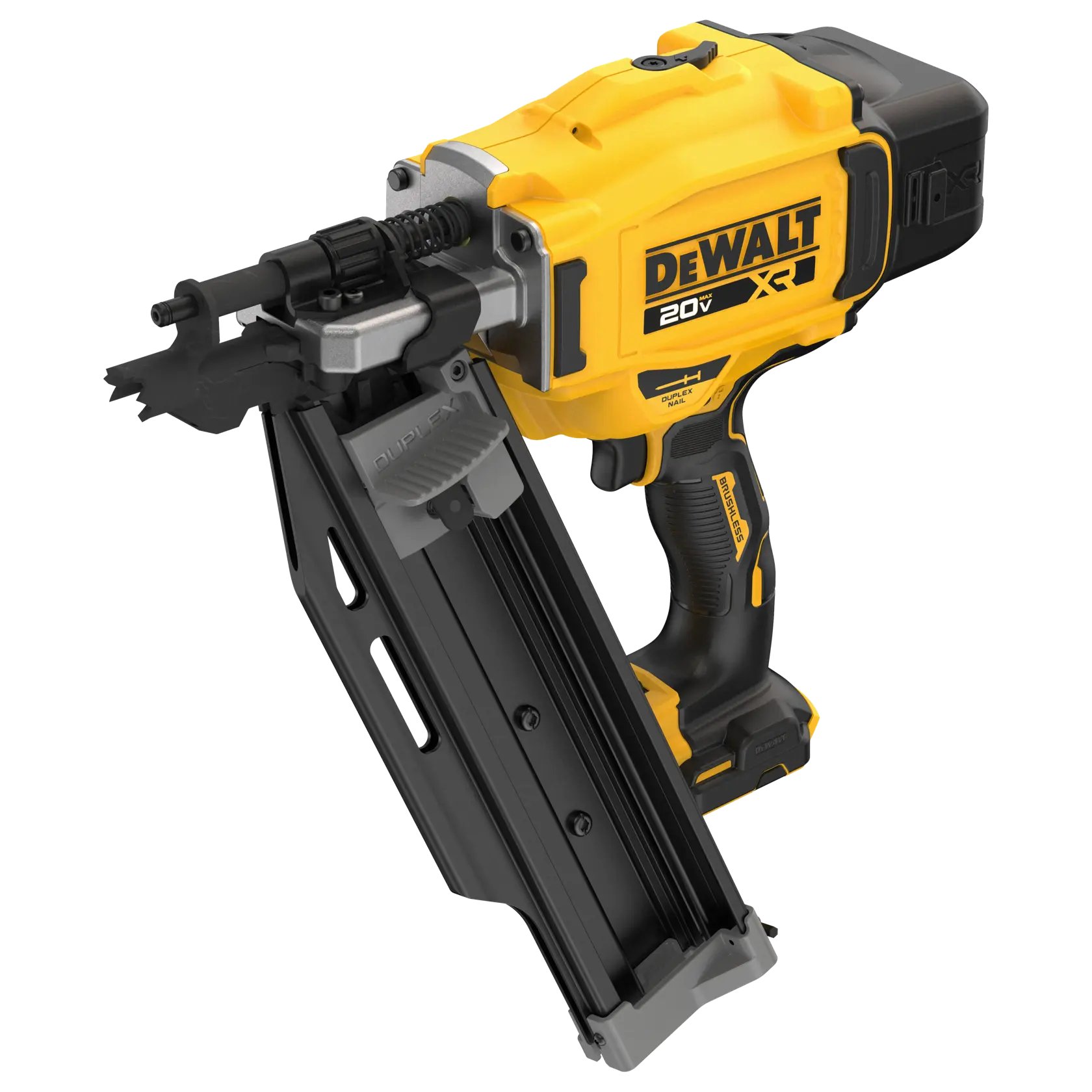 A yellow and black DEWALT 20V XR cordless nailer with a large magazine for nails, shown at an angle on a white background.