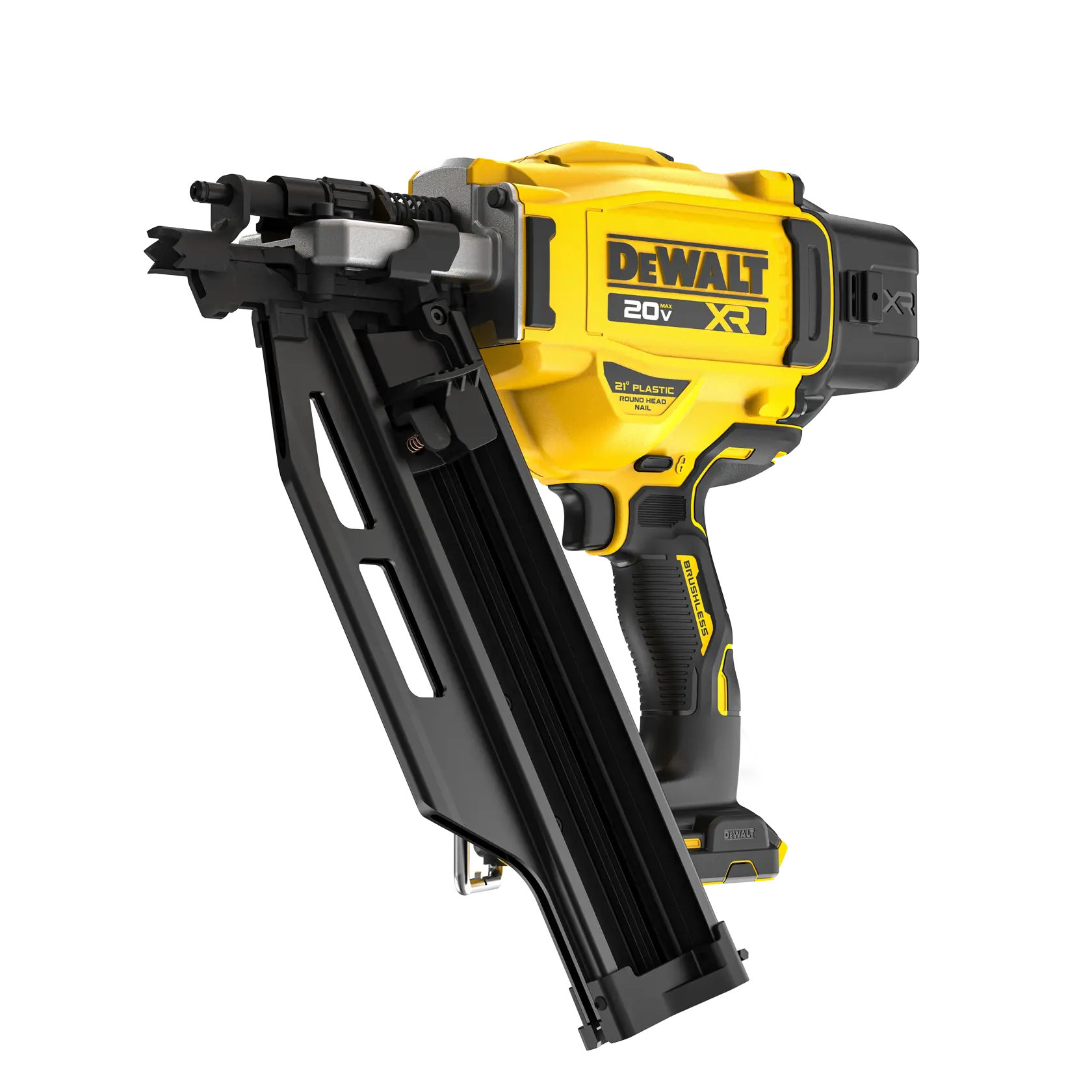 A DEWALT 20V XR cordless framing nailer with a yellow and black body, designed for heavy-duty construction and woodworking tasks.