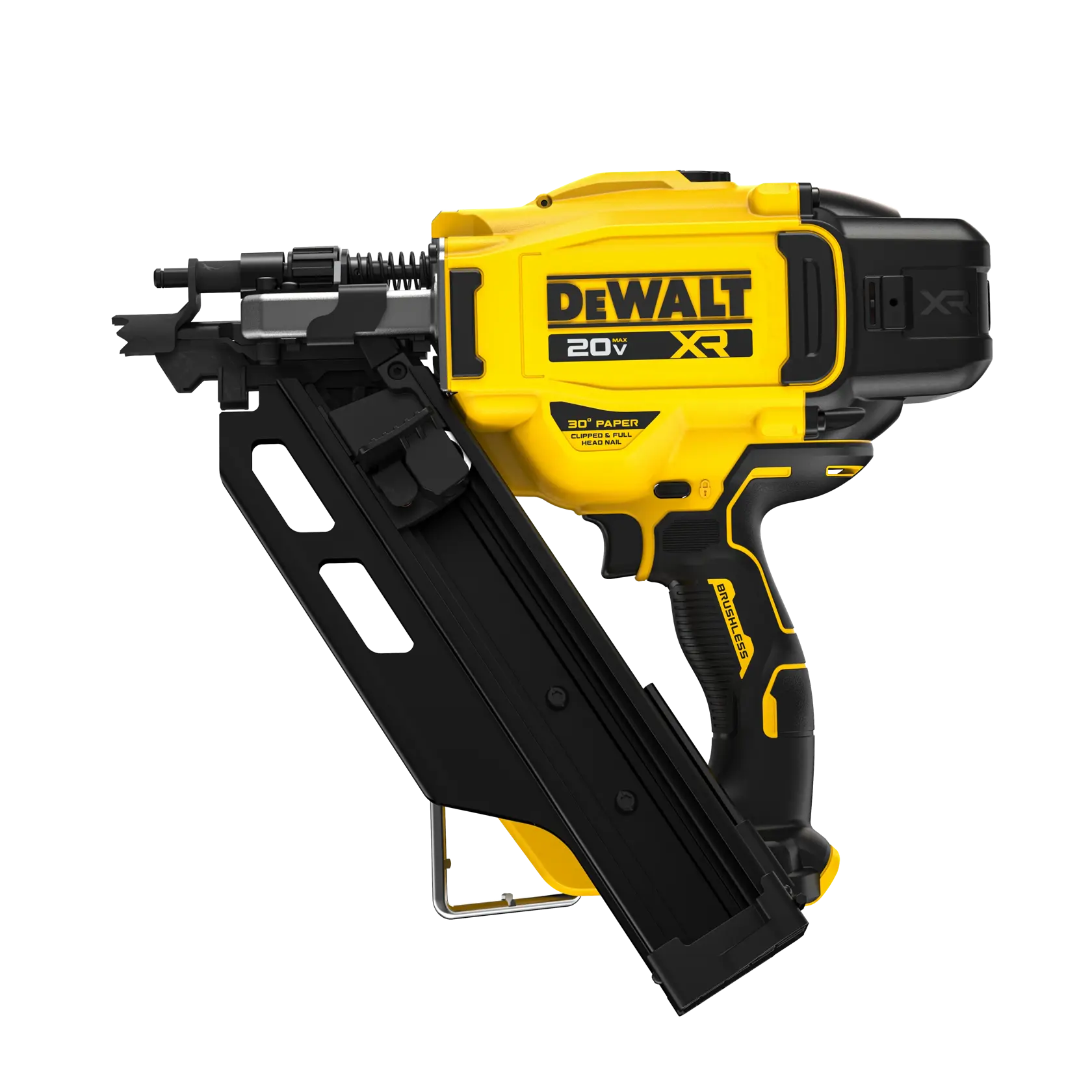 A DEWALT 20V XR cordless framing nailer with a yellow and black body, angled magazine, and ergonomic handle, designed for heavy-duty nailing tasks.
