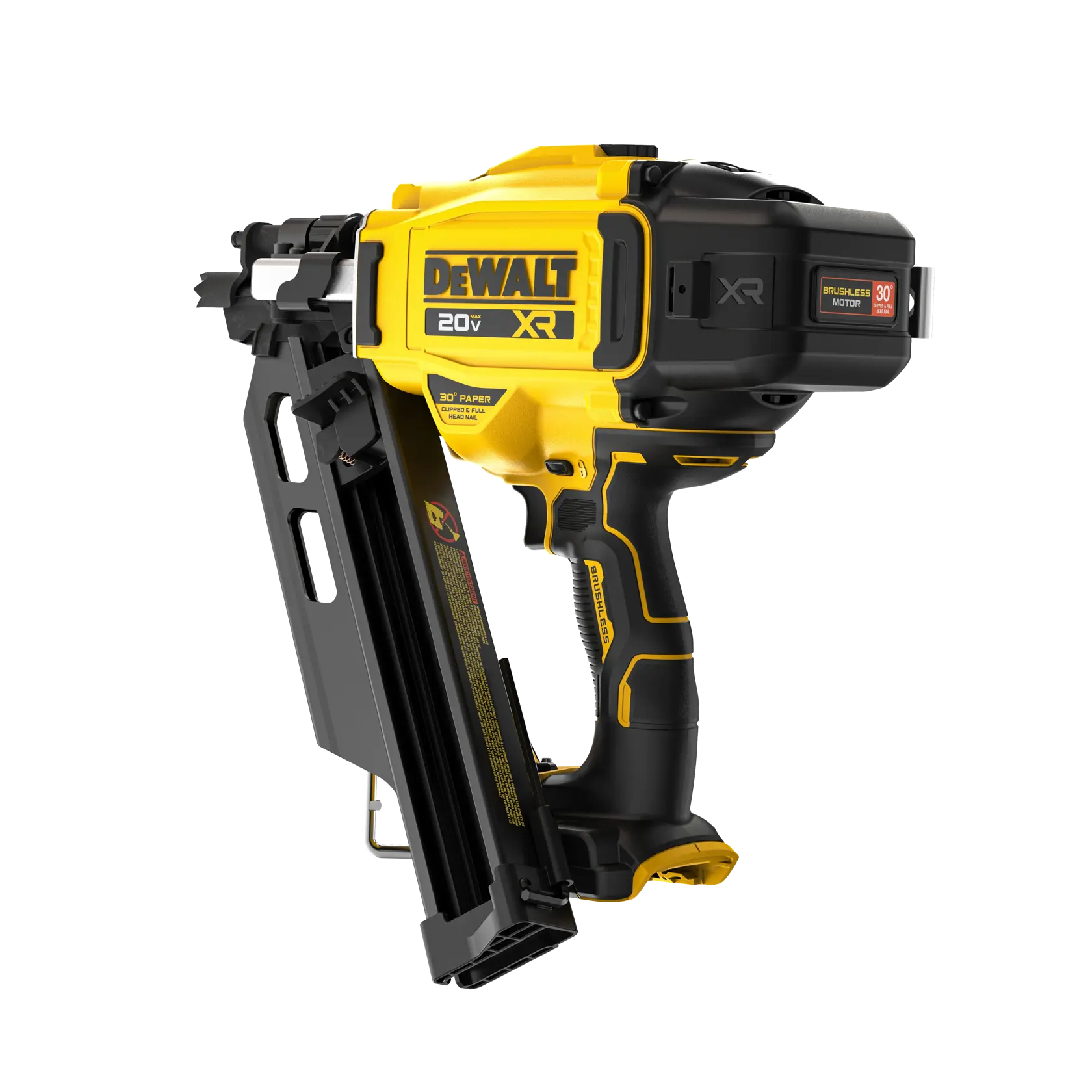A DEWALT 20V XR cordless nail gun with a brushless motor, featuring a yellow and black design. The nail gun is shown from a side angle, displaying its magazine and ergonomic handle.