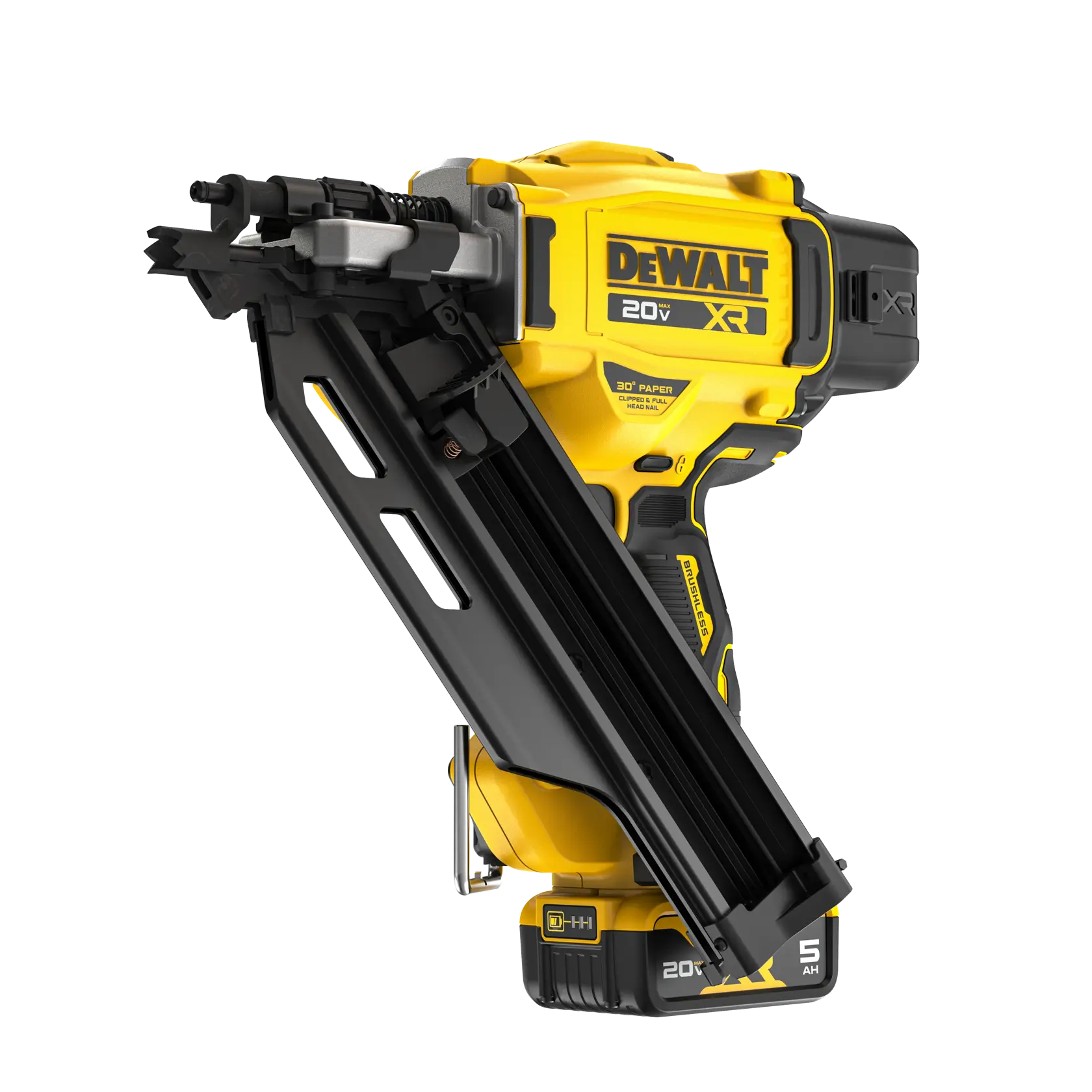 A DEWALT 20V XR cordless nailer with a yellow and black design, featuring a 30-degree magazine for angled nails and a lithium-ion battery at the base.