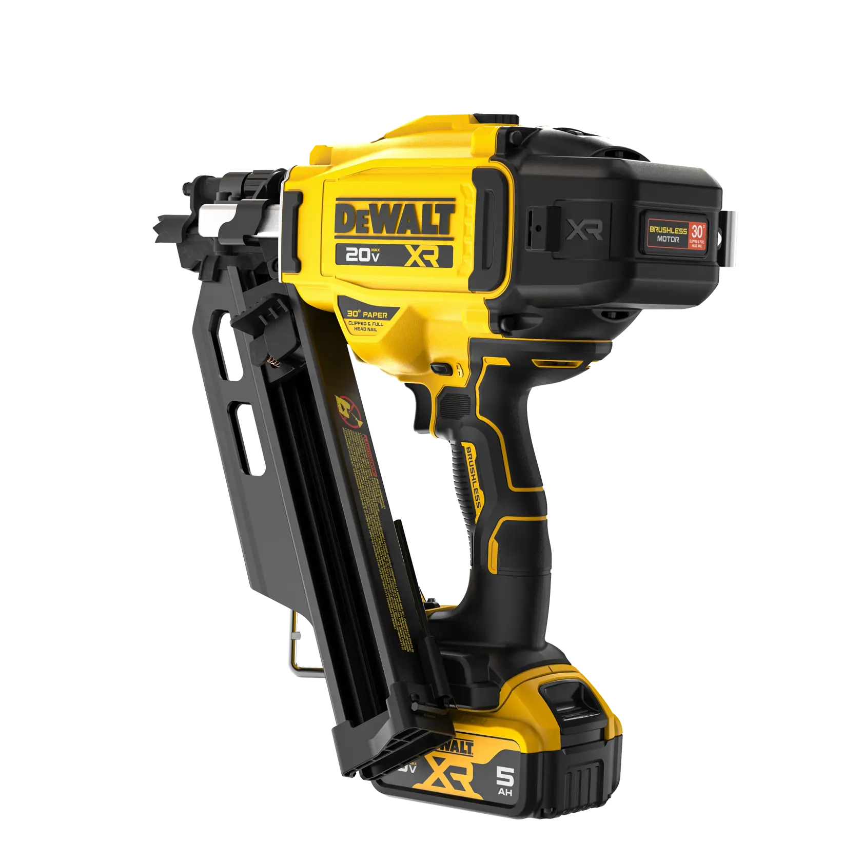 A yellow and black cordless DEWALT XR 20V nailer with a brushless motor and 5 Ah battery pack, designed for professional construction and carpentry work.