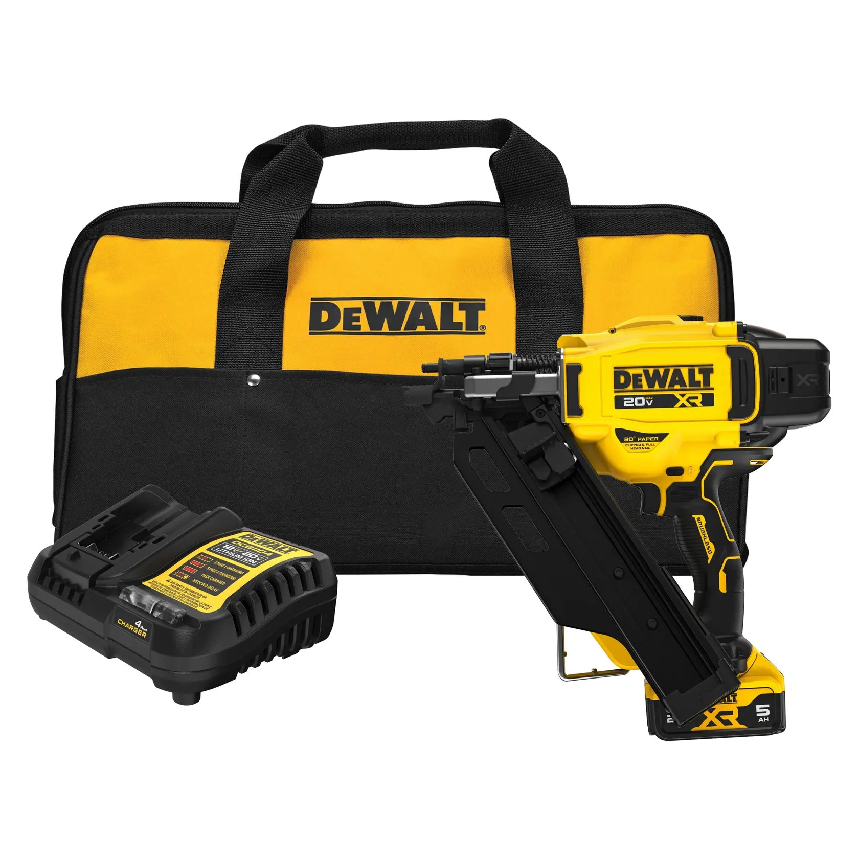 DEWALT 18V XR brushless cordless nail gun with yellow and black design, angled magazine, and 5Ah battery.