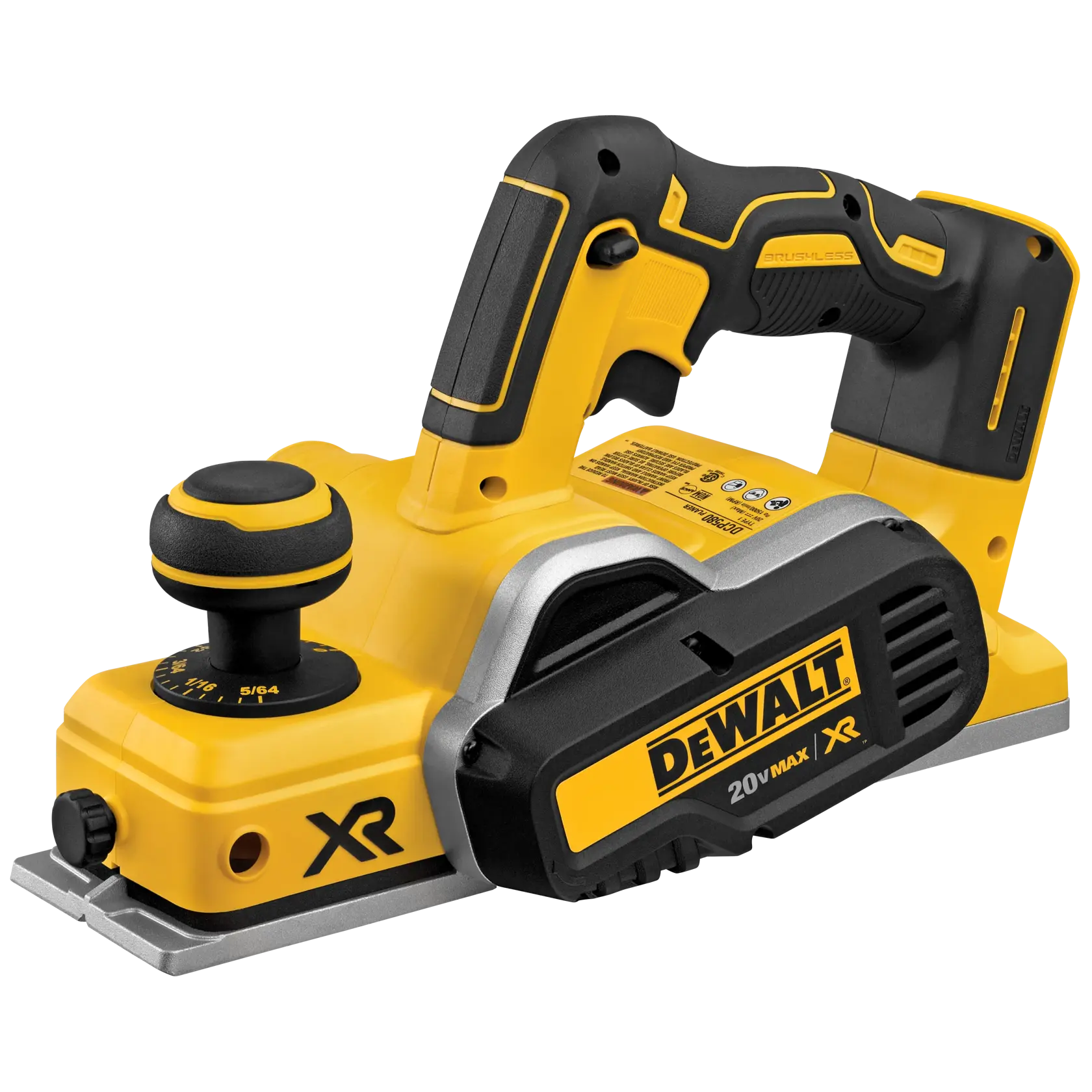 A DEWALT cordless hand planer, yellow and black, featuring a brushless motor and ergonomic handle. The tool has an adjustable front knob, a DEWALT logo, XR branding, and is powered by a 20V MAX battery.