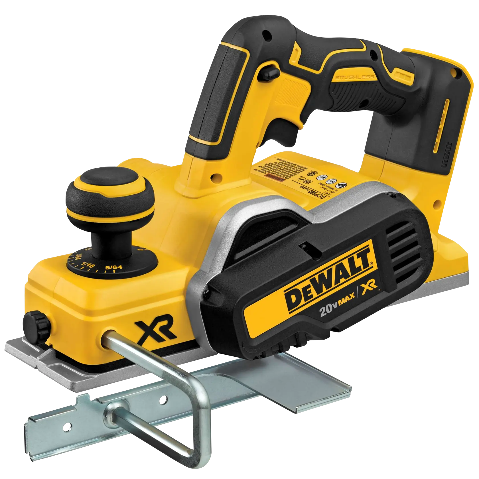 Cordless electric hand planer in yellow and black, branded DEWALT, featuring a 20V MAX XR battery and ergonomic handle.
