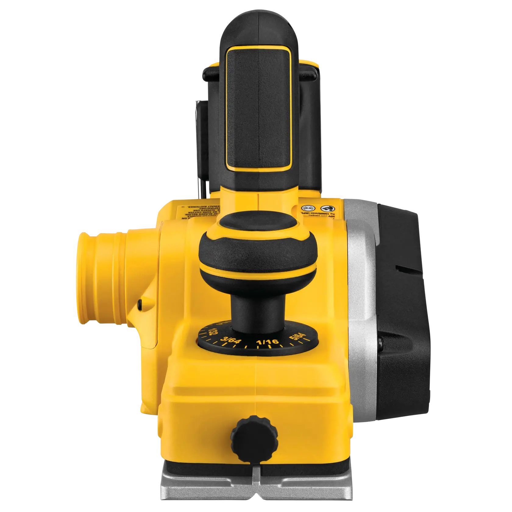 Front view of a DEWALT DCP580B cordless hand planer, featuring a yellow and black design with a depth adjustment knob, dust extraction port, and ergonomic handle.