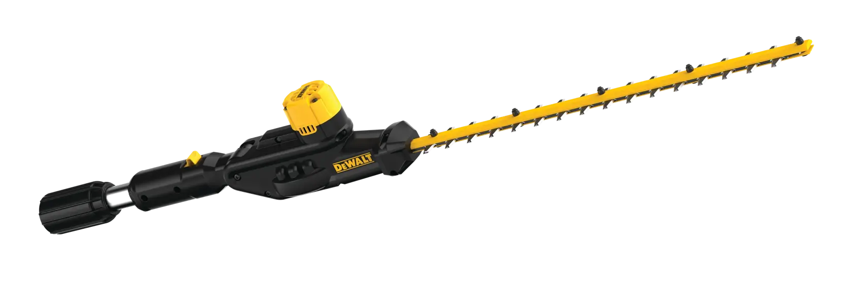 A DEWALT cordless pole hedge trimmer with a black and yellow design, featuring a long blade for trimming hedges and an ergonomic handle.