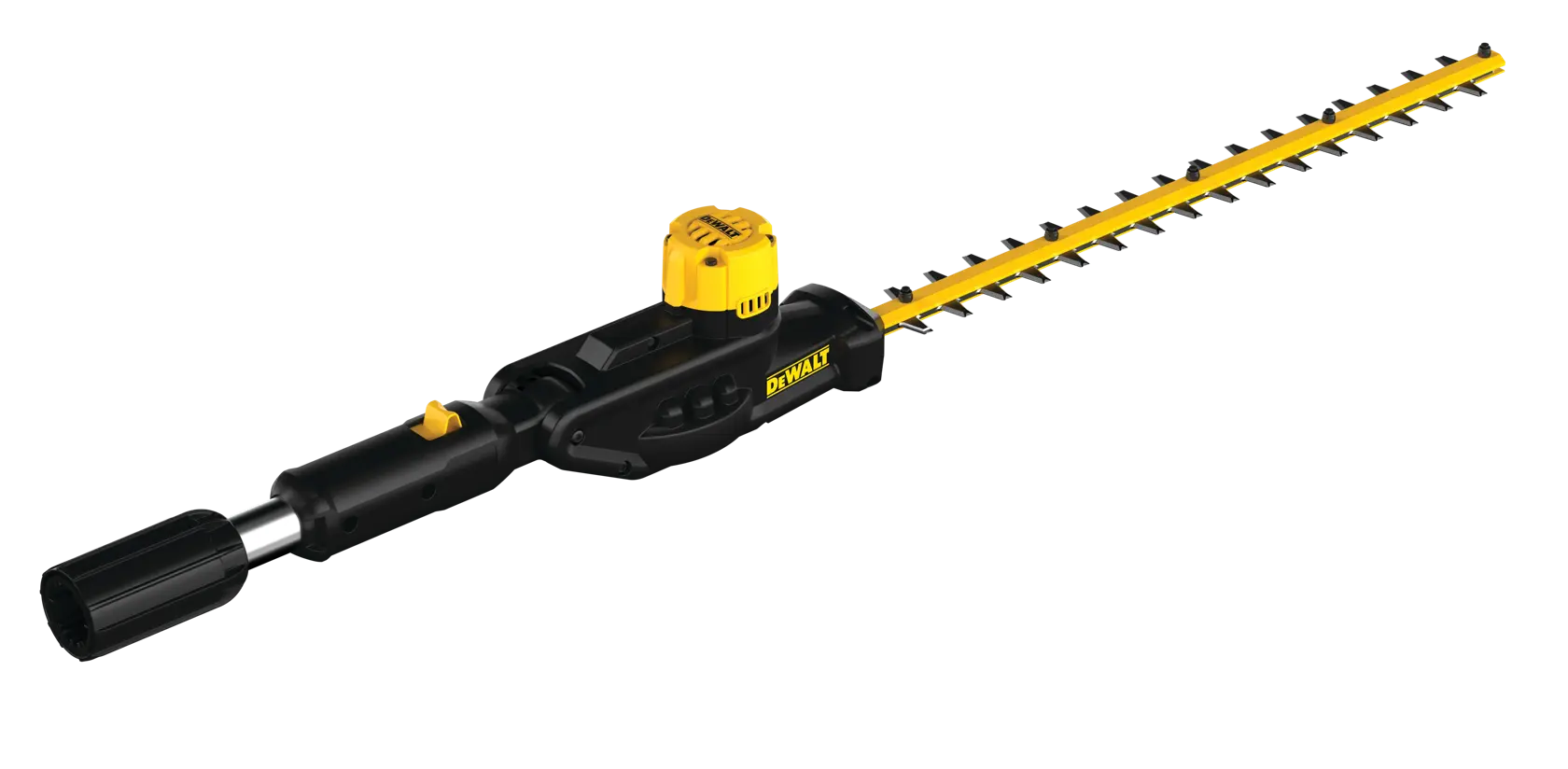 A DEWALT hedge trimmer attachment with a yellow and black color scheme, featuring a long blade and designed for use with power tools.