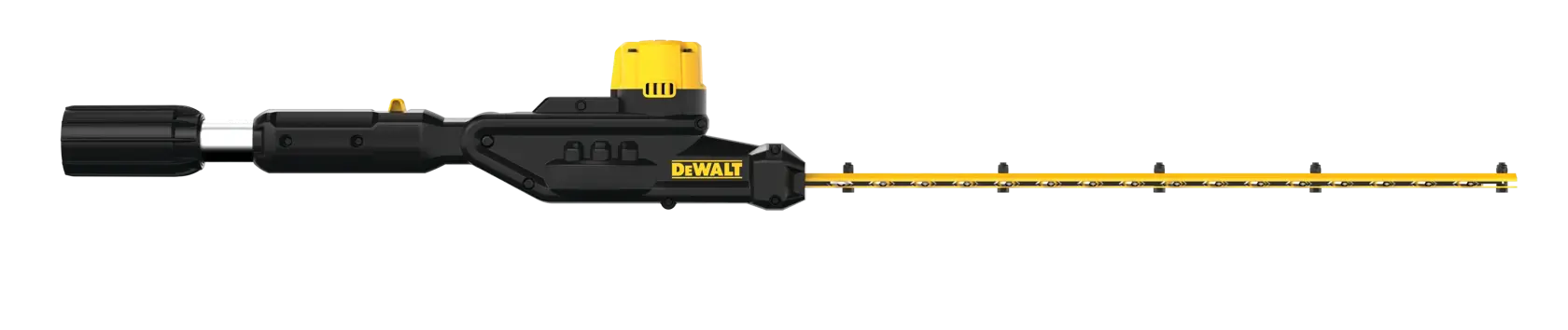 A DEWALT cordless hedge trimmer with an extended reach, featuring a black and yellow design.