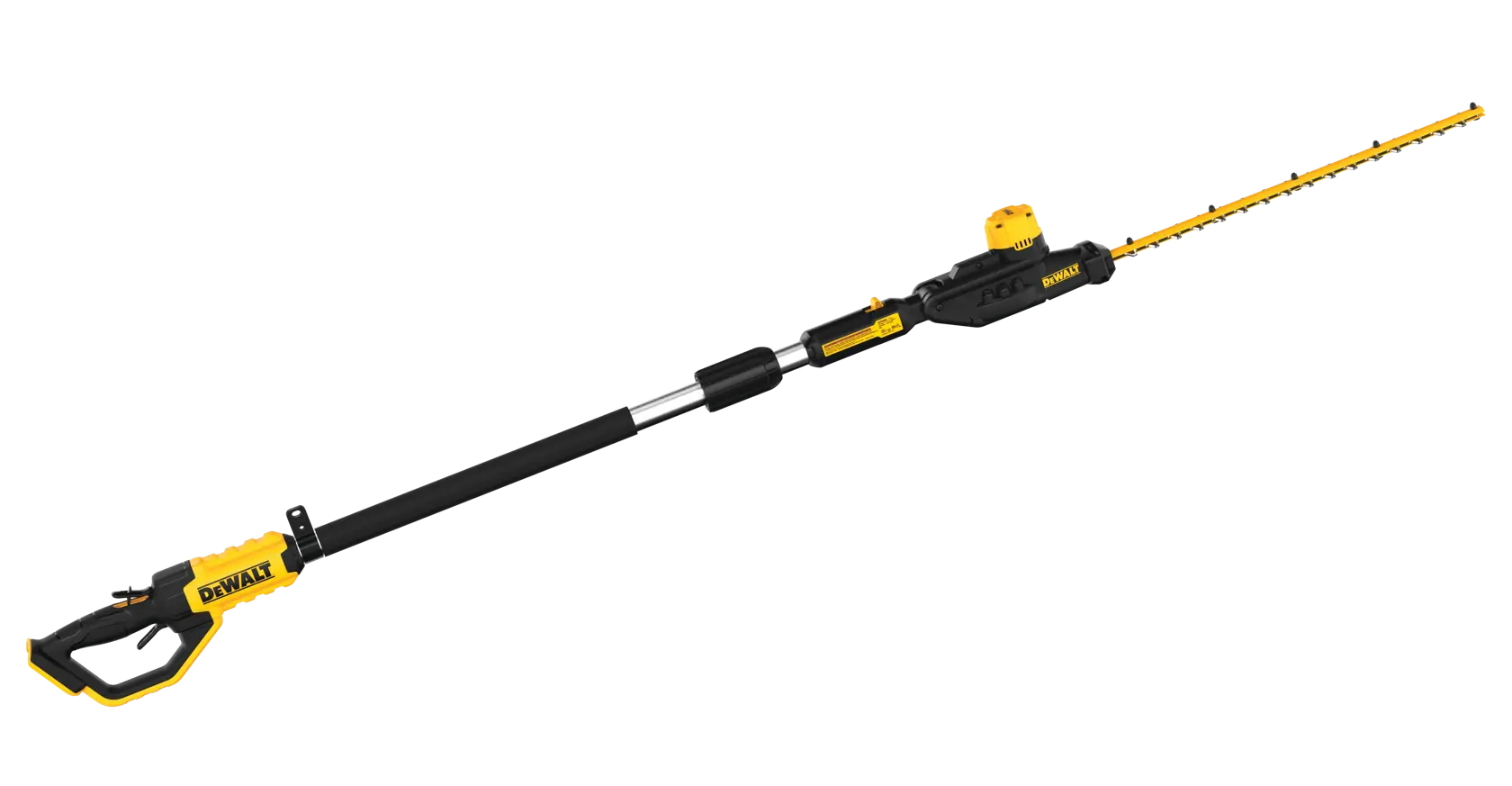 A Dewalt-branded cordless pole hedge trimmer with an extendable shaft and yellow-black color scheme is shown against a white background.