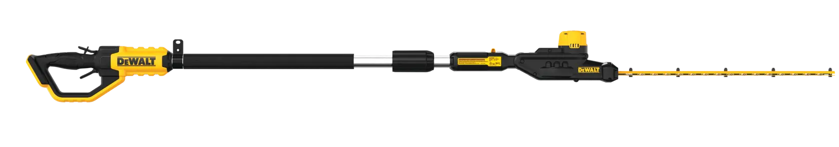 A DEWALT cordless pole hedge trimmer with an extended reach, shown in yellow and black colors against a white background.