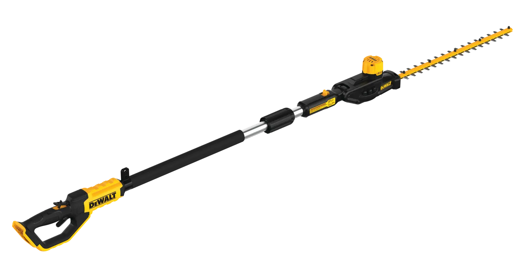 A long, black and yellow electric pole hedge trimmer with a telescoping handle and a blade attachment, branded DEWALT.