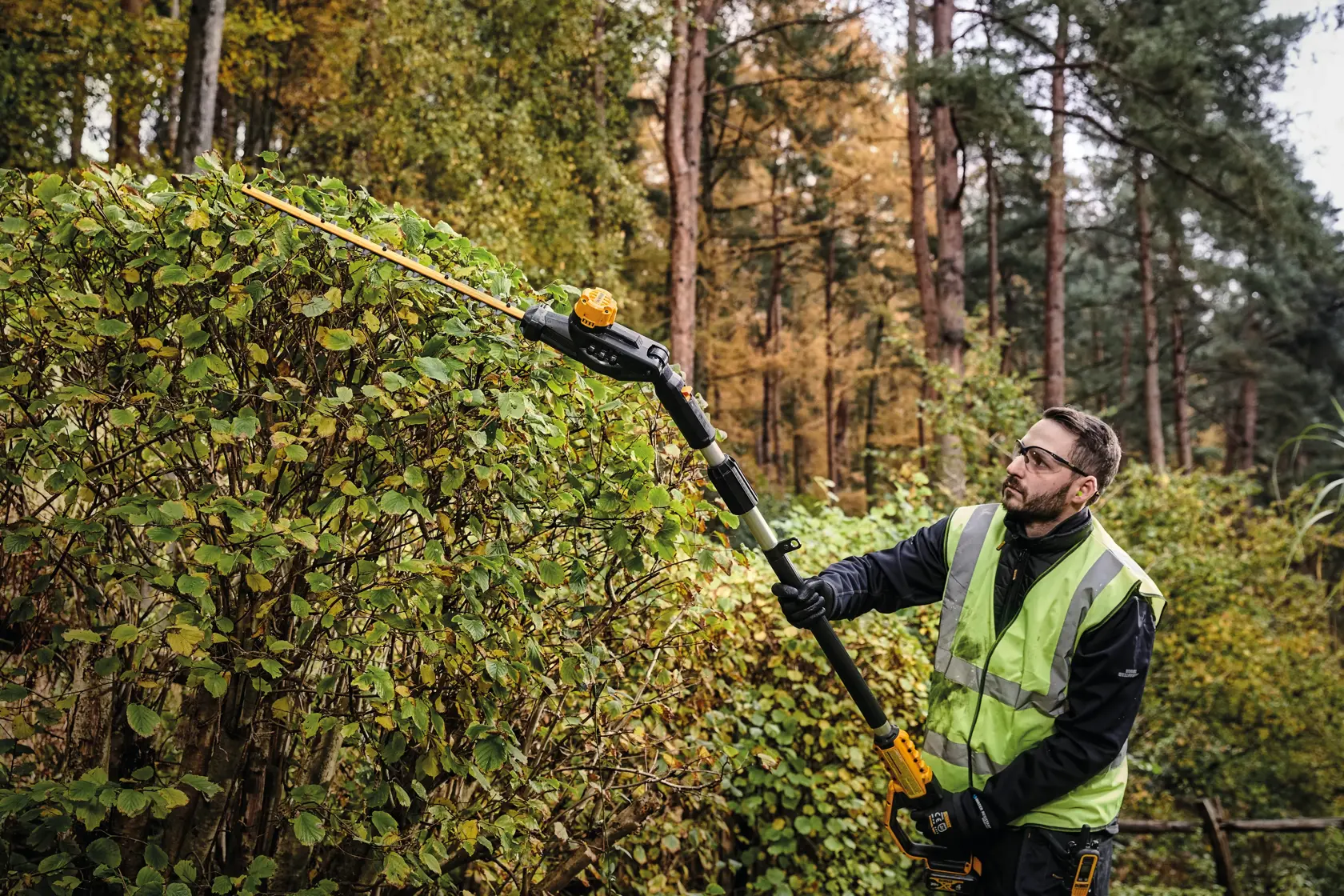 A person wearing a reflective vest and gloves uses a DEWALT pole hedge trimmer to cut tall bushes outdoors, surrounded by trees.