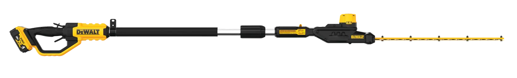 A DEWALT cordless pole hedge trimmer with a yellow and black design, featuring an extendable pole and long cutting blades.