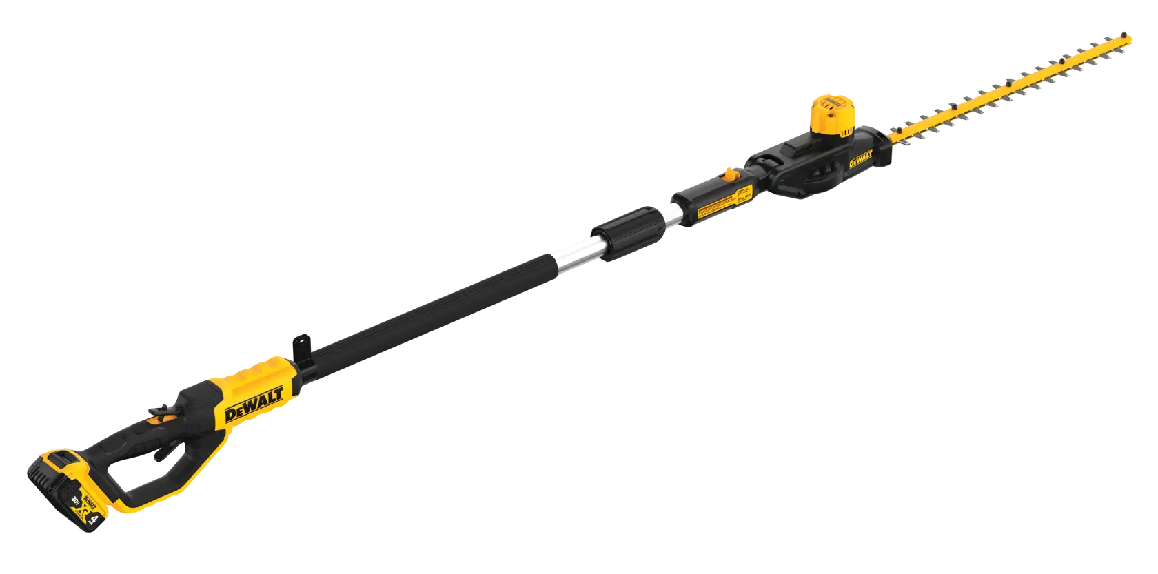 A DEWALT cordless pole hedge trimmer with an extended telescopic shaft and a yellow and black design, suitable for trimming high hedges.