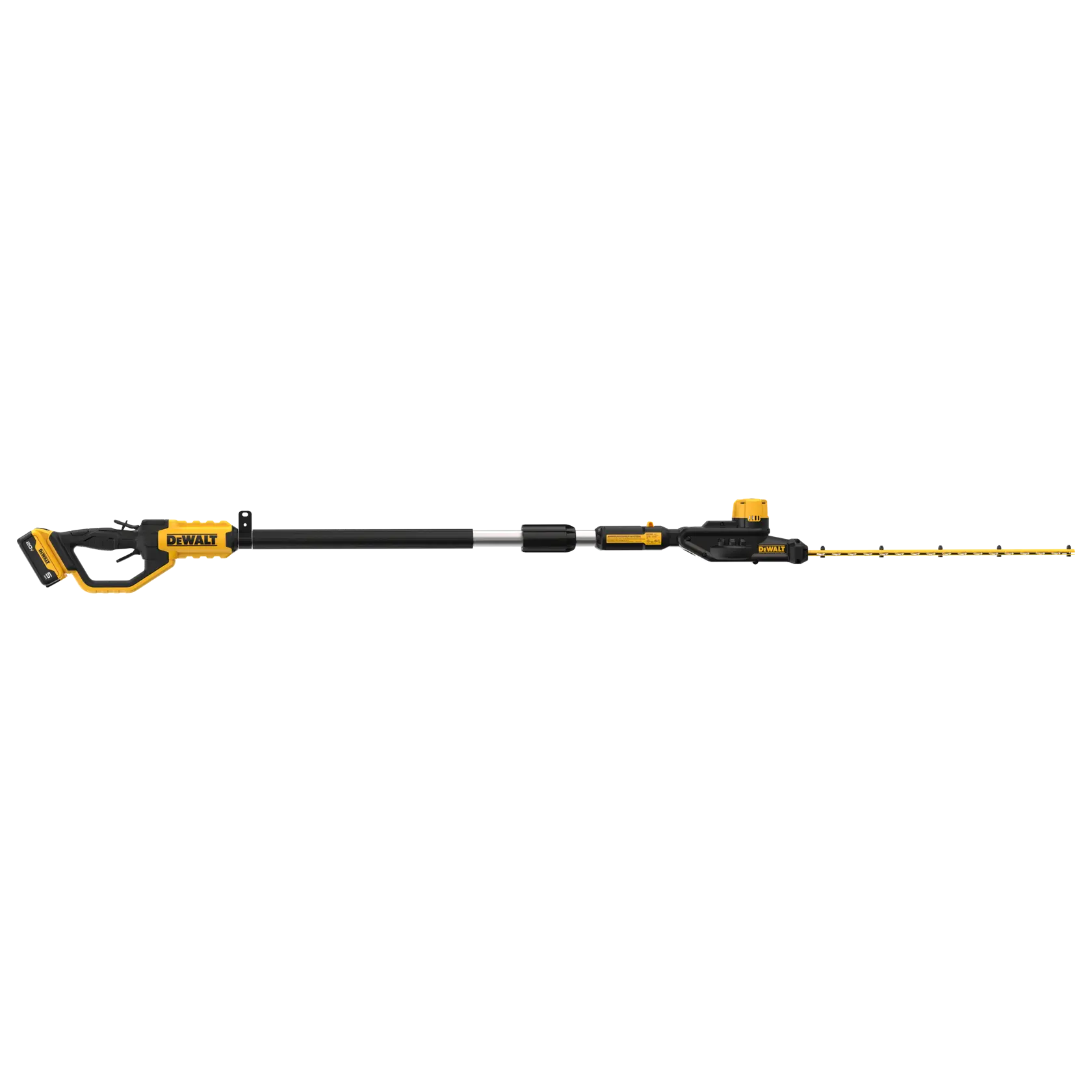 A yellow and black cordless pole hedge trimmer with an extended telescoping handle and a long blade, designed for trimming tall or hard-to-reach hedges.