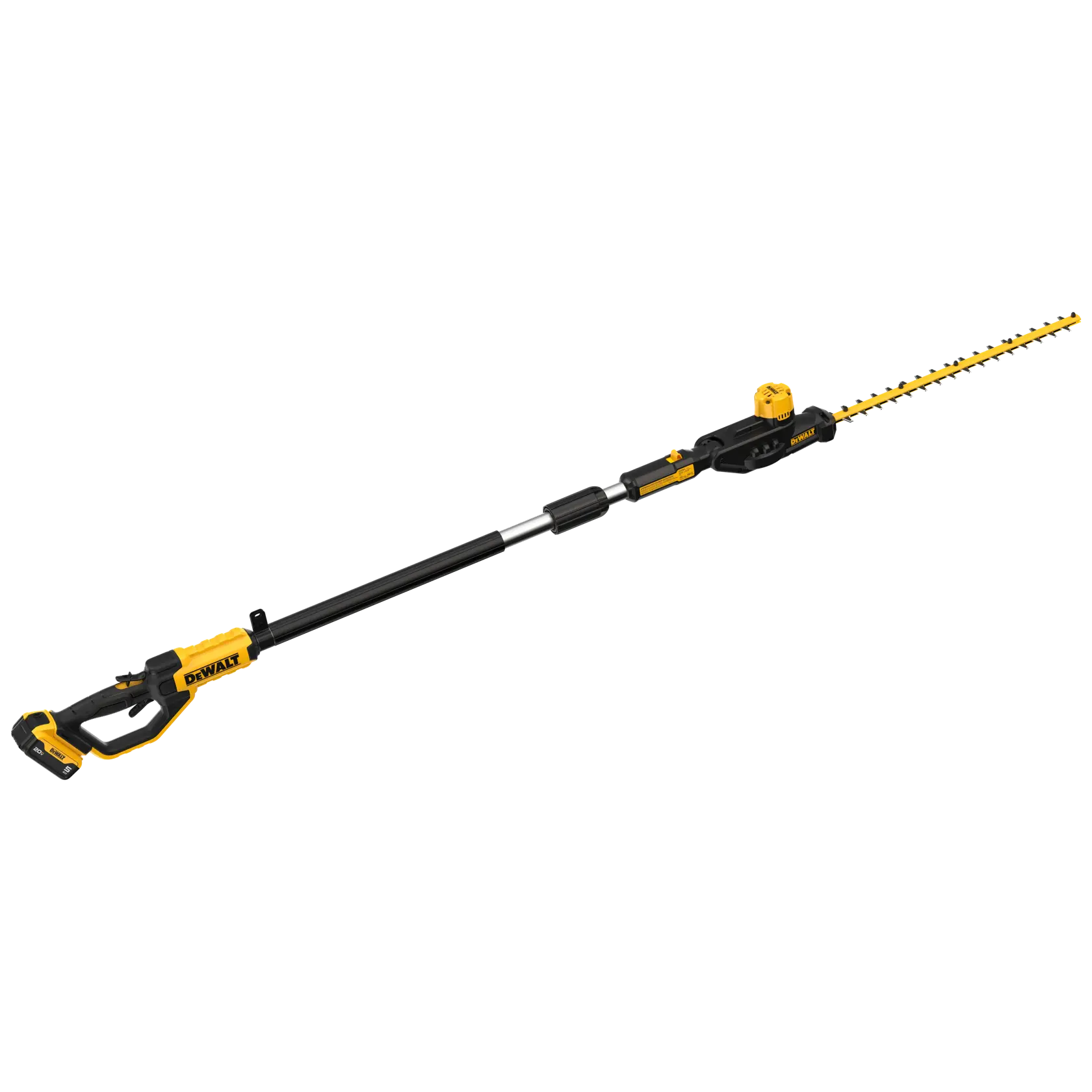 A cordless electric pole hedge trimmer with a yellow and black handle and an extended pole, used for trimming tall hedges.