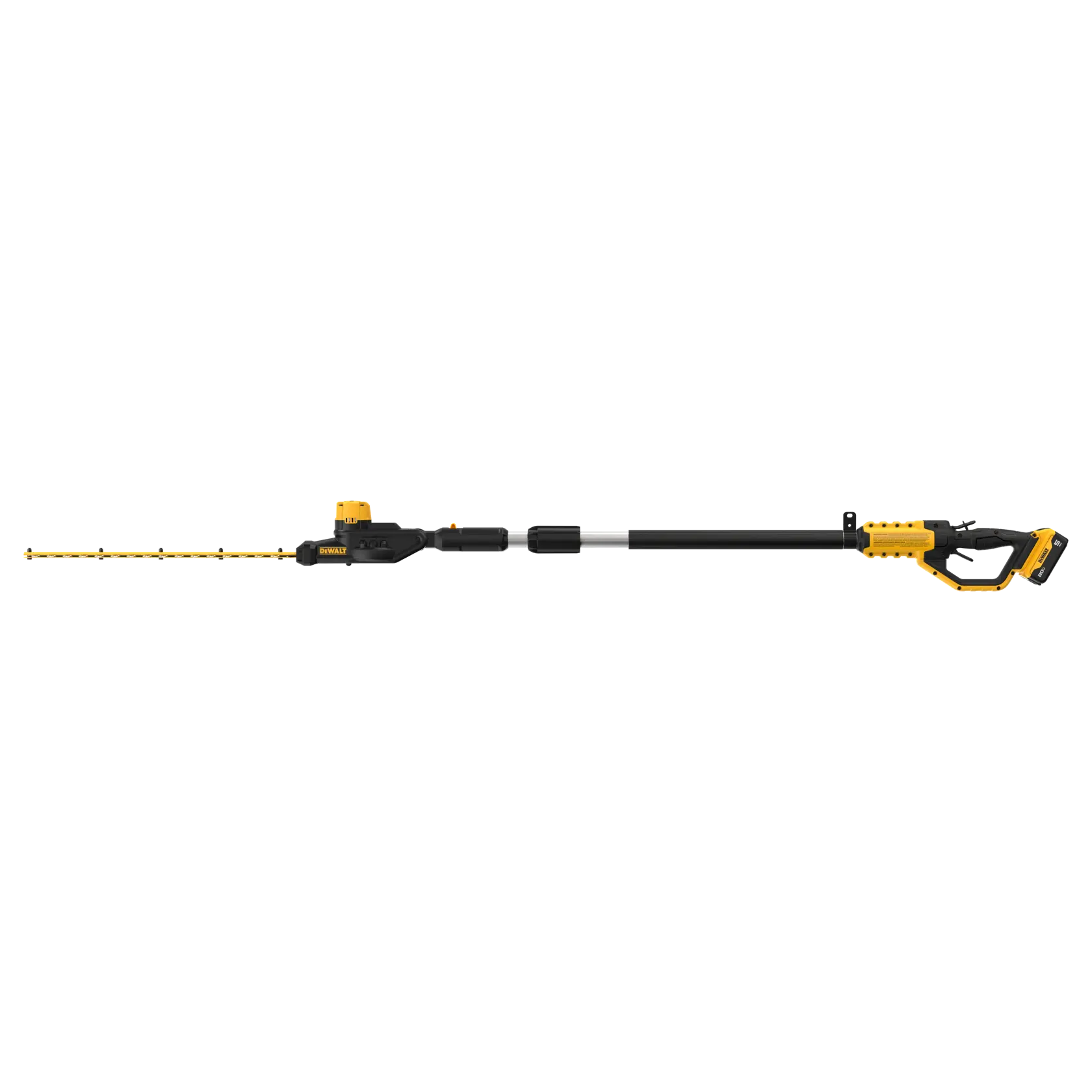 A battery-powered pole hedge trimmer with a yellow and black design, featuring an extendable handle and a long cutting blade, suitable for trimming tall hedges.