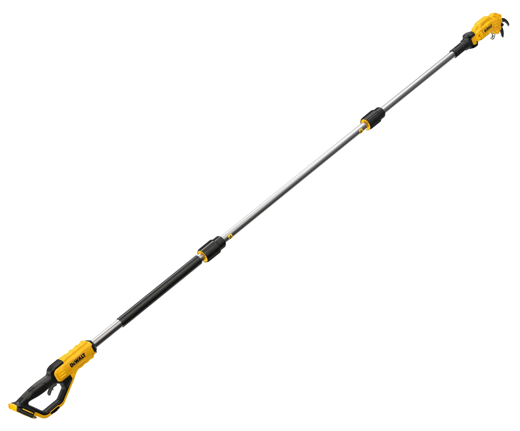 A DEWALT cordless pole pruner with an extendable shaft, designed for trimming tree branches. The tool has a yellow and black handle, with DEWALT branding near the grip.