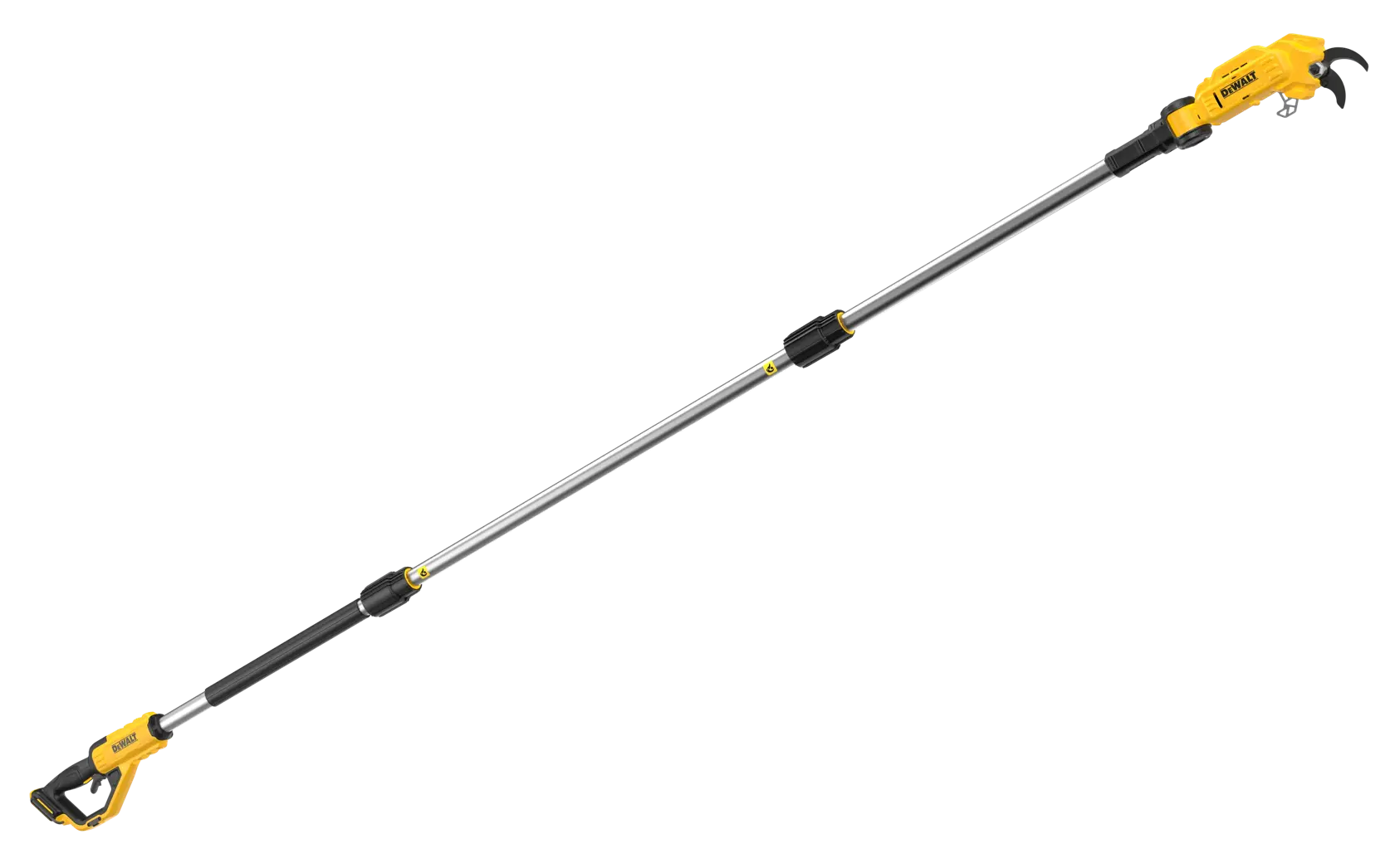 A DEWALT pole pruner tool with a long extendable shaft and a cutting head for trimming branches, shown against a white background.