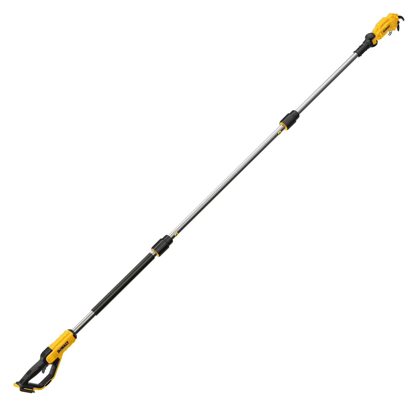 A DEWALT cordless pole pruner with a yellow and black handle, featuring an extendable metal pole and a cutting head at the end.