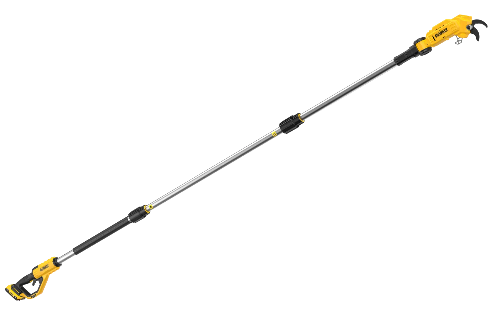 A long, telescopic pole pruner tool with a yellow and black handle and a pruning head at the top, branded DEWALT. Designed for cutting tree branches from a distance.