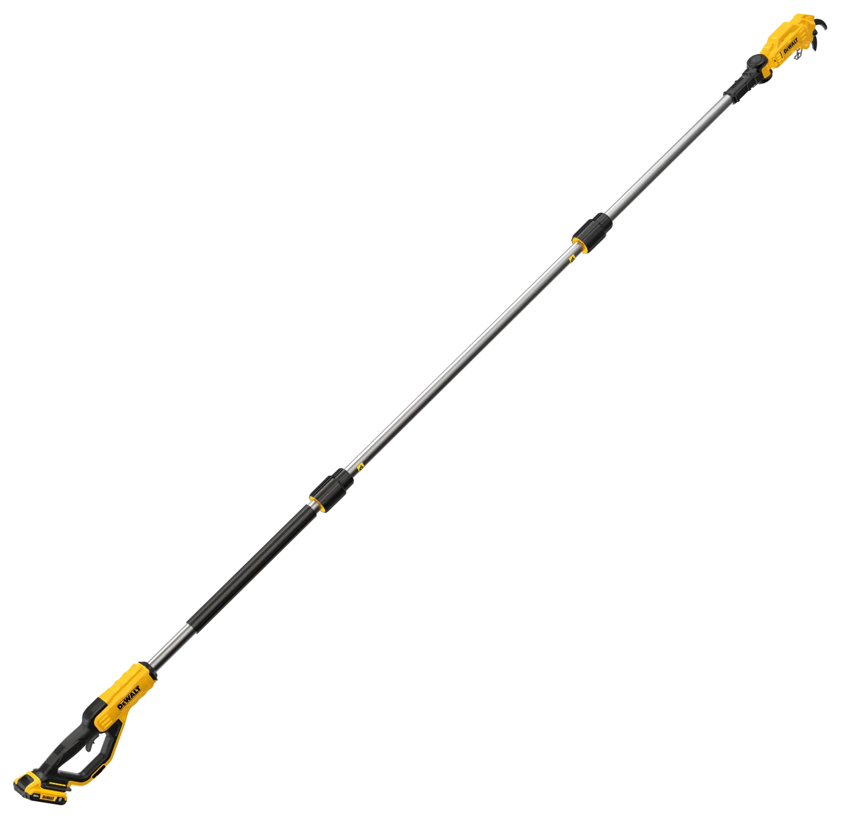 A long, extendable pole saw with a yellow and black design, featuring a DEWALT battery-powered handle and a saw blade at the end, used for pruning tree branches.