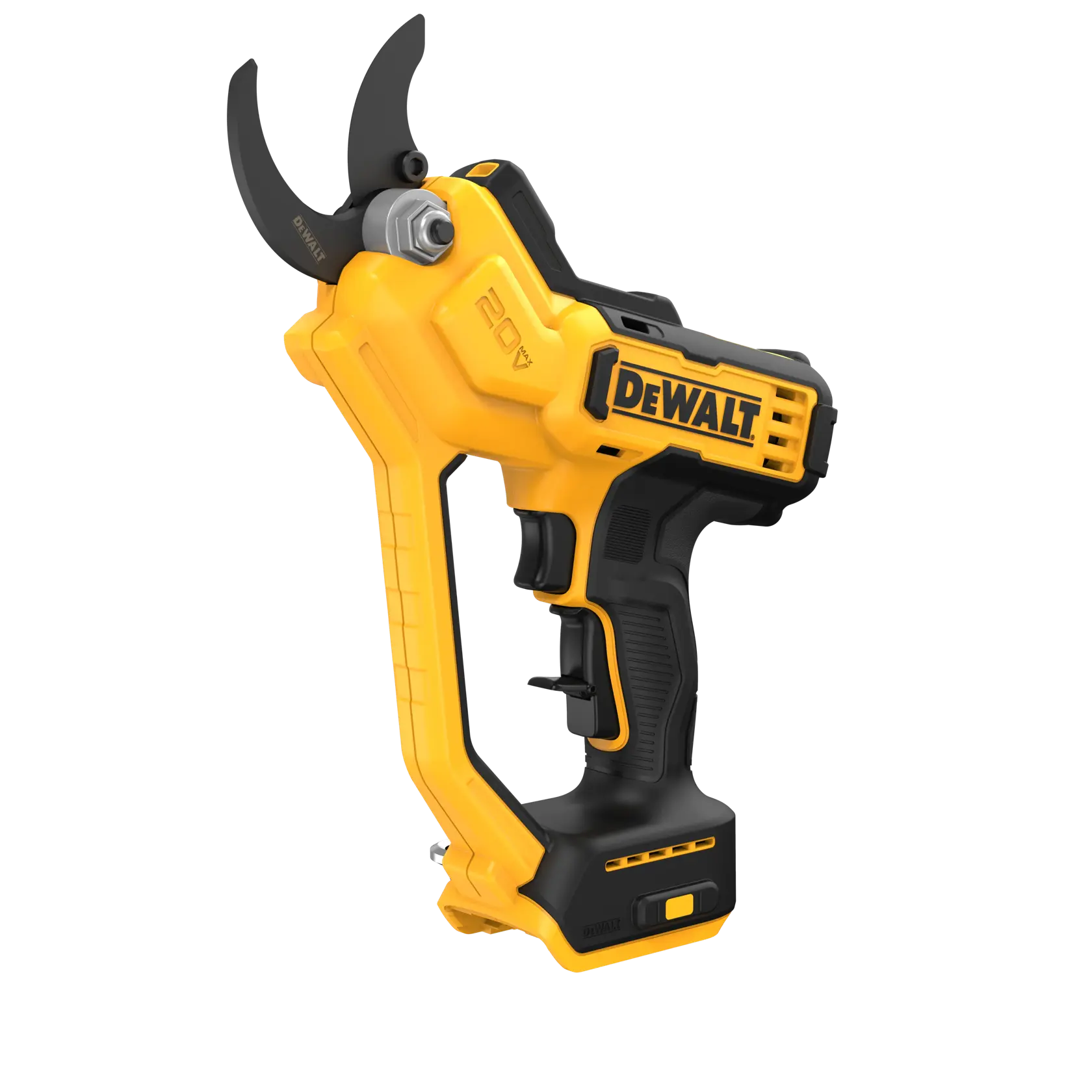 A DEWALT 20V cordless electric pruner with a yellow and black body, featuring a curved blade and ergonomic handle.