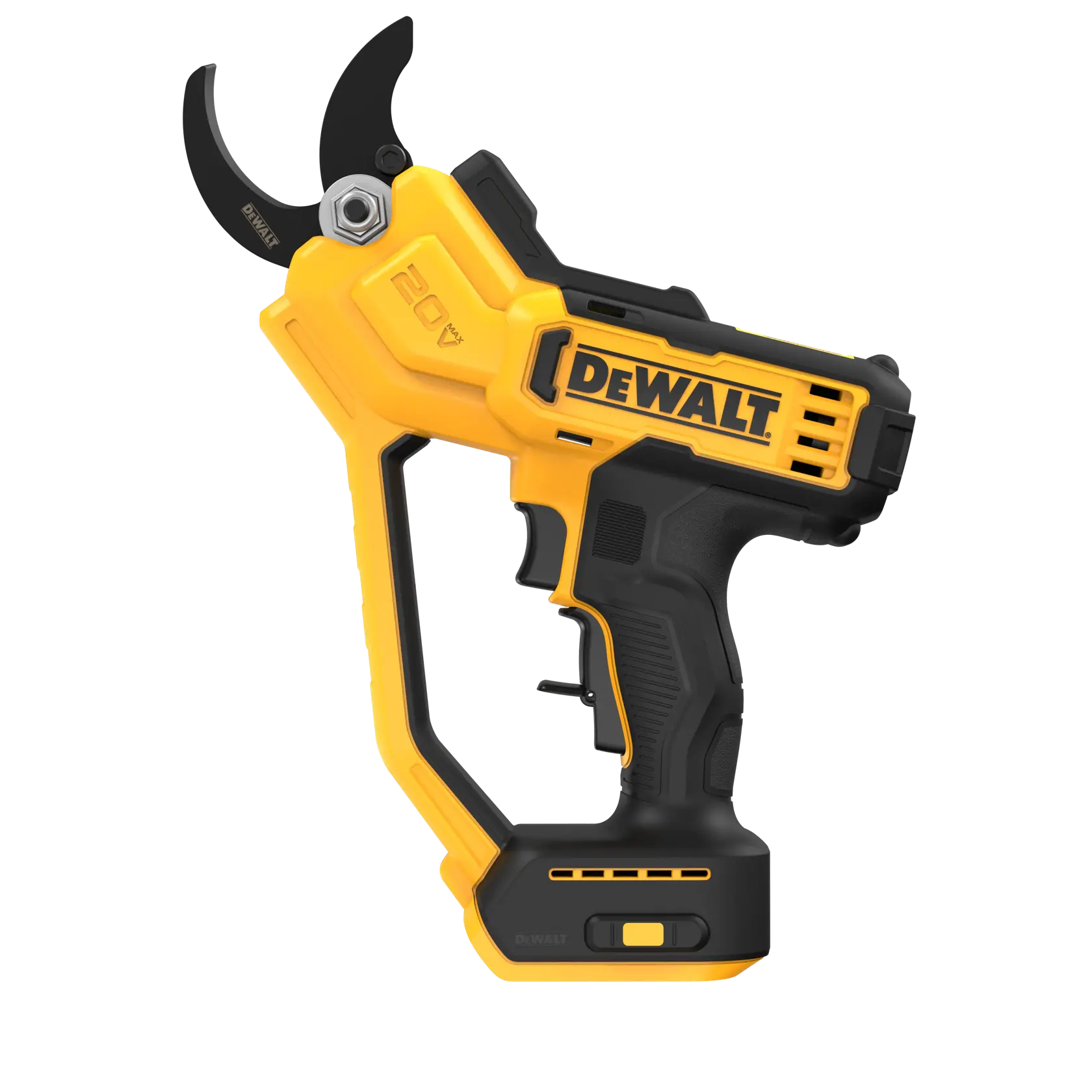 A DEWALT 20V cordless electric pruning shear with a yellow and black ergonomic design and a sharp cutting blade.