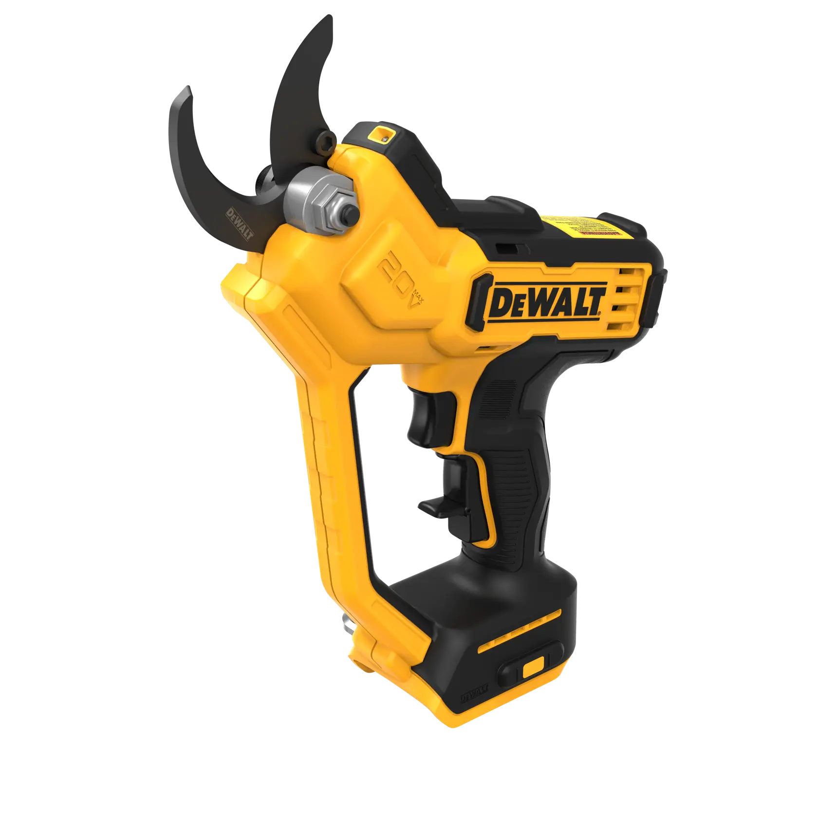 A DEWALT cordless electric pruning shear with a yellow and black design, ergonomic handle, and sharp cutting blades, suitable for garden and landscaping tasks.