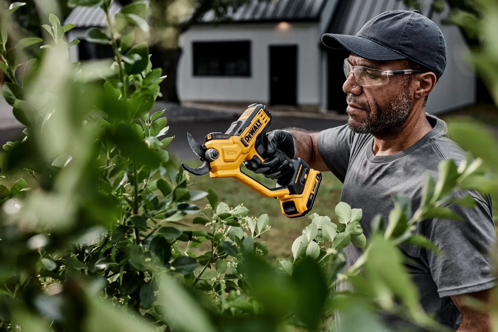 A person with a blurred face wearing a cap and glove is using a yellow DEWALT cordless pruner to trim green plants outdoors. A house is visible in the background.