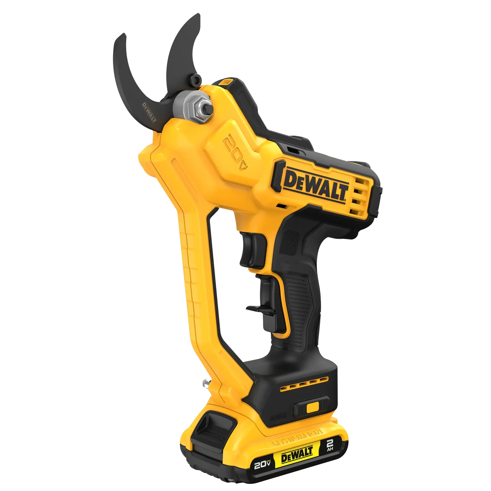 A DEWALT 20V cordless electric pruner with black and yellow casing, designed for cutting branches and gardening tasks. The pruner features a trigger handle and curved black blades.