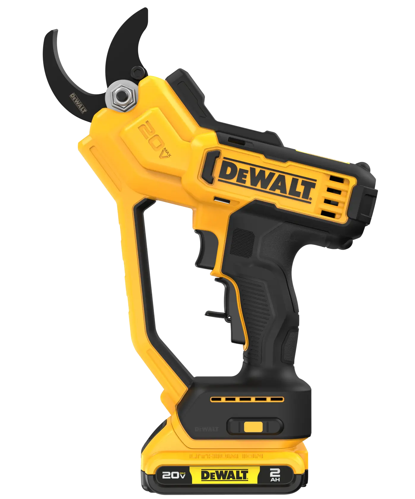 A yellow and black DEWALT 20V cordless pruning shears with ergonomic handle, battery pack, and sharp cutting blades.