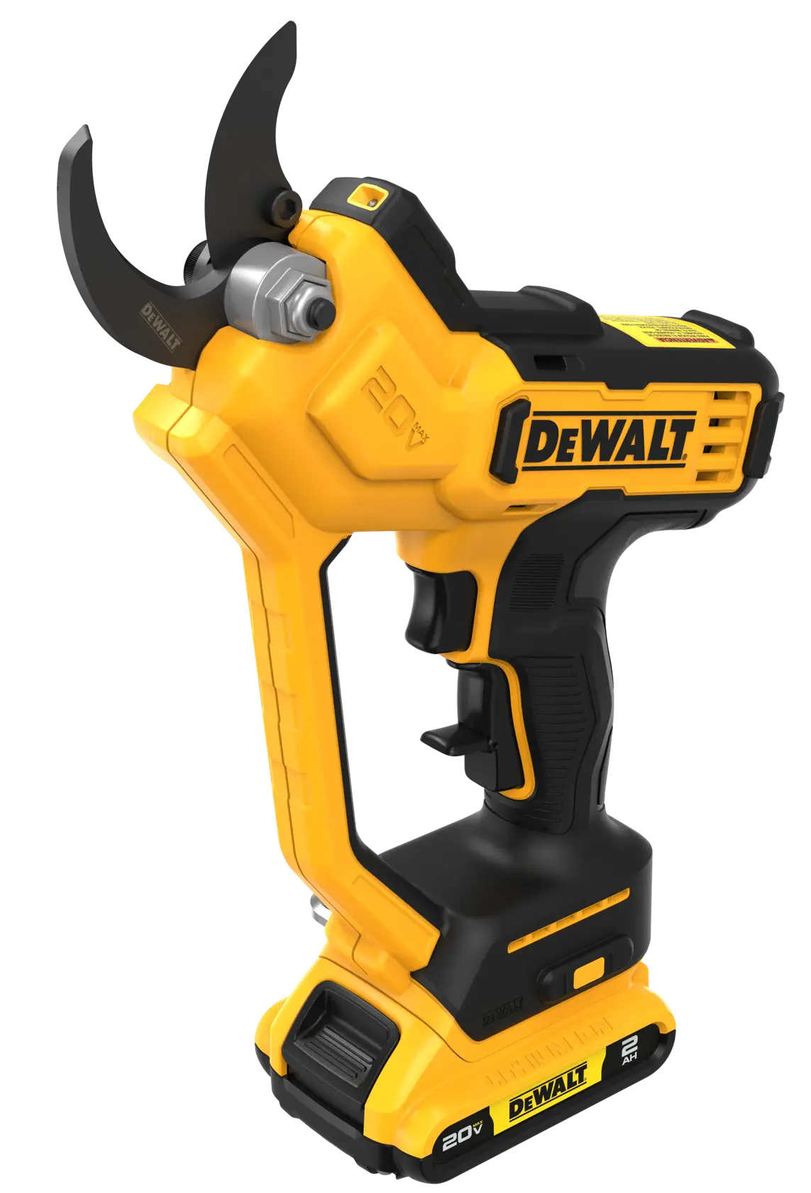 A DEWALT cordless electric pruner with a yellow and black design, featuring a curved blade and ergonomic handle. The tool is battery powered and marked with 20V and DEWALT branding.