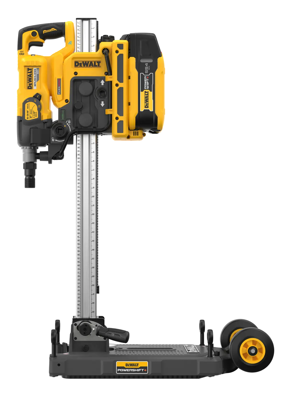 A DEWALT cordless drill mounted on a vertical drilling stand with wheels, designed for professional use. The product features a yellow and black color scheme and has measurement markings on the stand.