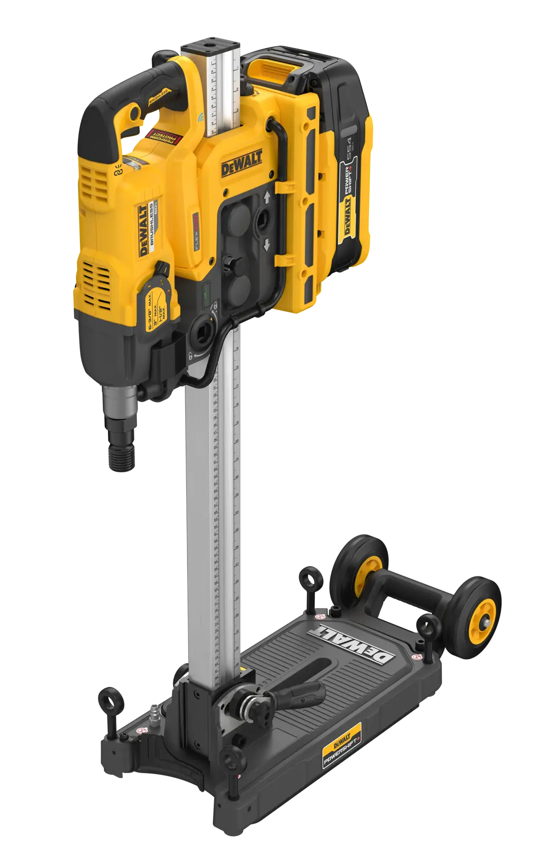 A DEWALT cordless, yellow and black rotary drill mounted on a metal stand with wheels. The drill has a robust handle, visible battery packs, and an adjustable guide rail, designed for precision drilling tasks.
