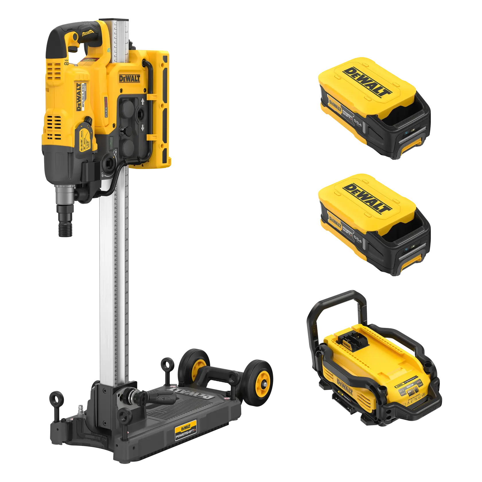A DEWALT core drill kit is pictured, including a yellow and black core drill mounted on a drilling stand with wheels, two yellow and black DEWALT battery packs, and a yellow and black charger, all displayed on a white background.